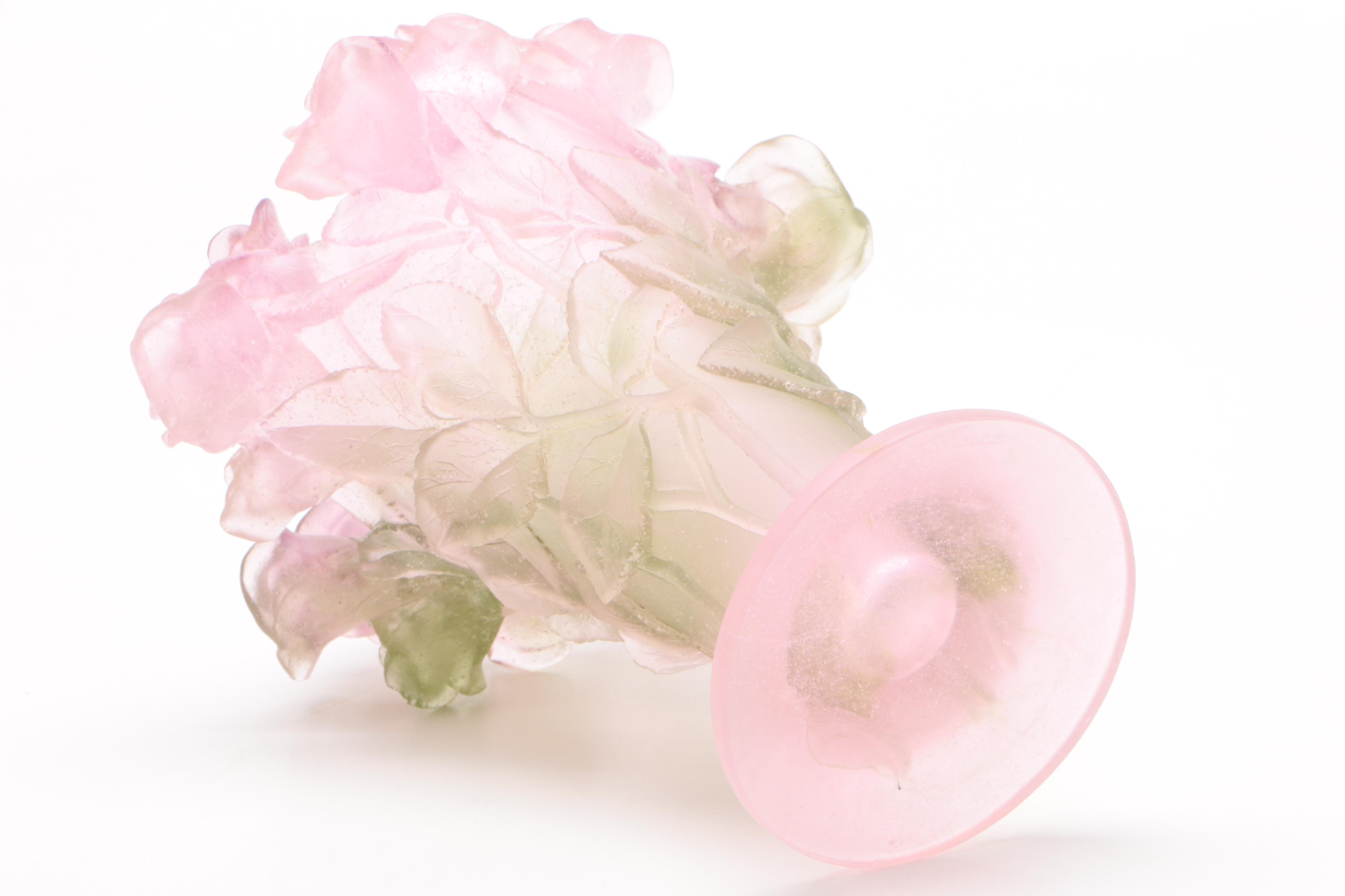 Daum France Pâte de verre Pink and Green Rose Vase, Circa 1980