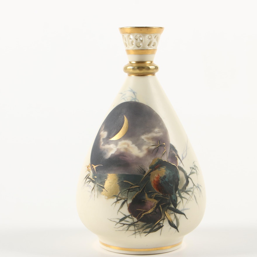 Royal Worcester Gilded Porcelain Bud Vase with Roosting Kookaburras, 1887