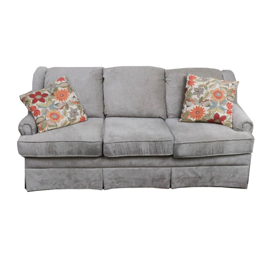 Contemporary Grey Upholstered Sofa with Throw Pillows