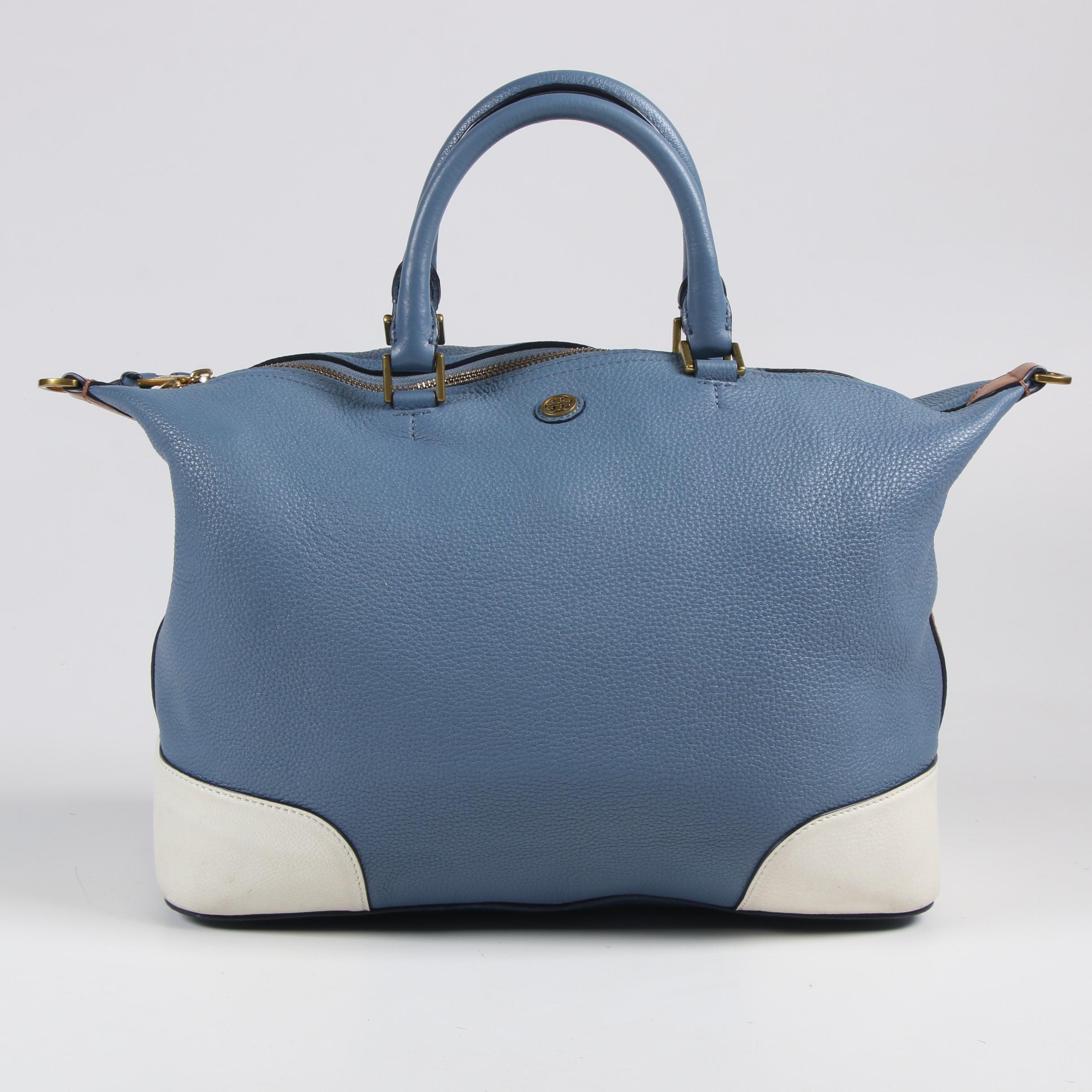 Tory Burch Blue, White, and Tan Pebbled Leather Shoulder Bag