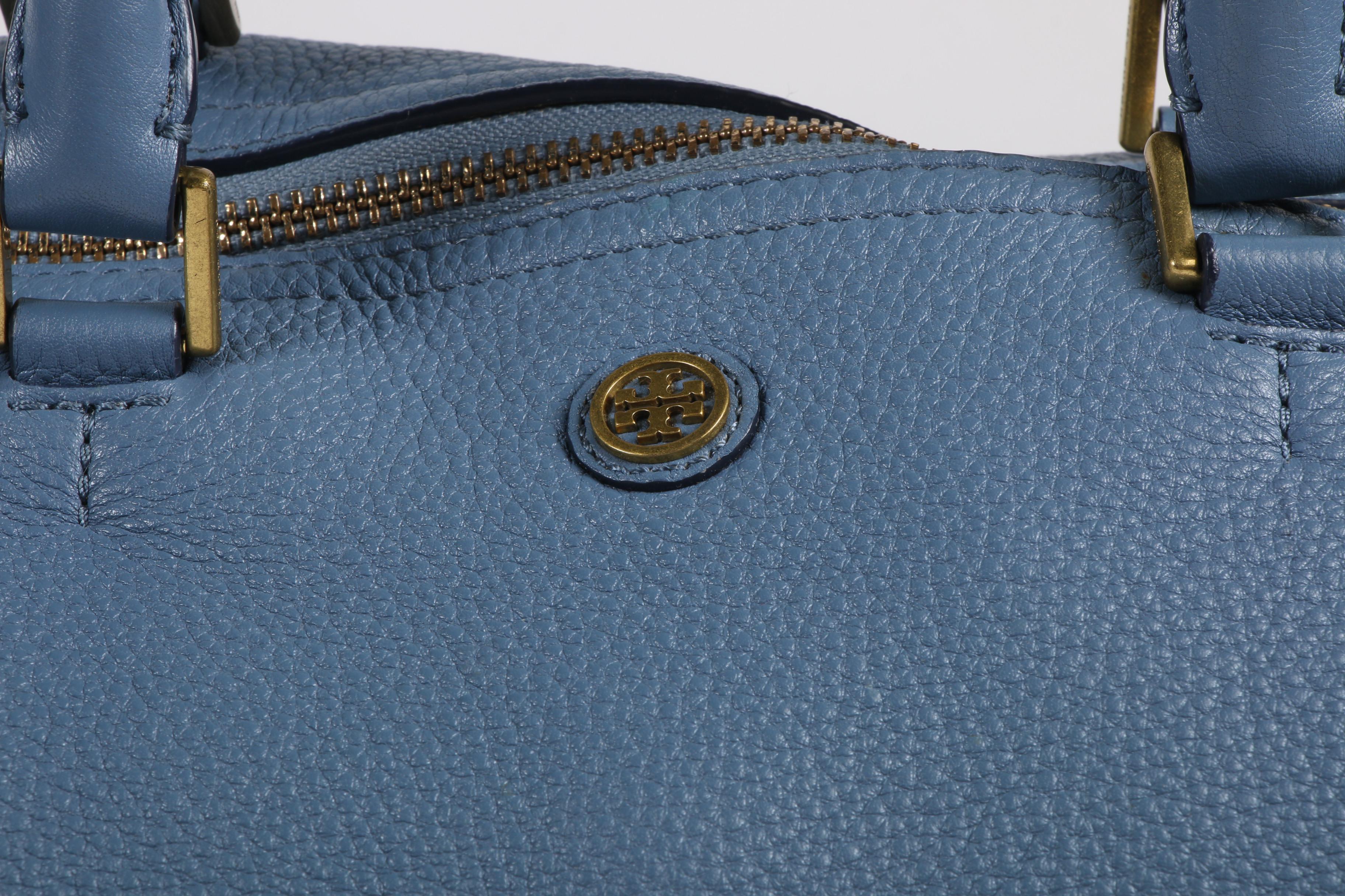 Tory Burch Blue, White, and Tan Pebbled Leather Shoulder Bag