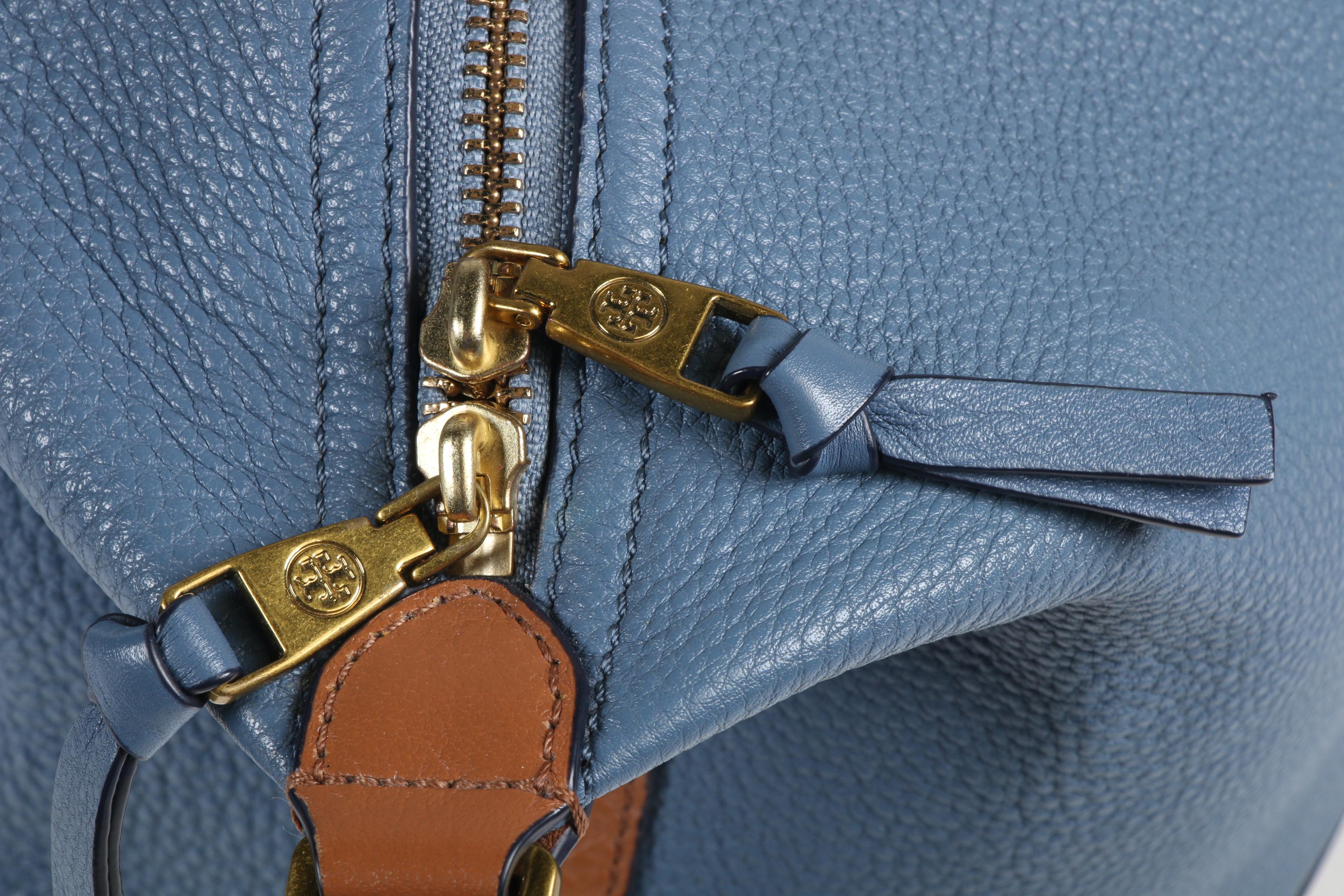 Tory Burch Blue, White, and Tan Pebbled Leather Shoulder Bag