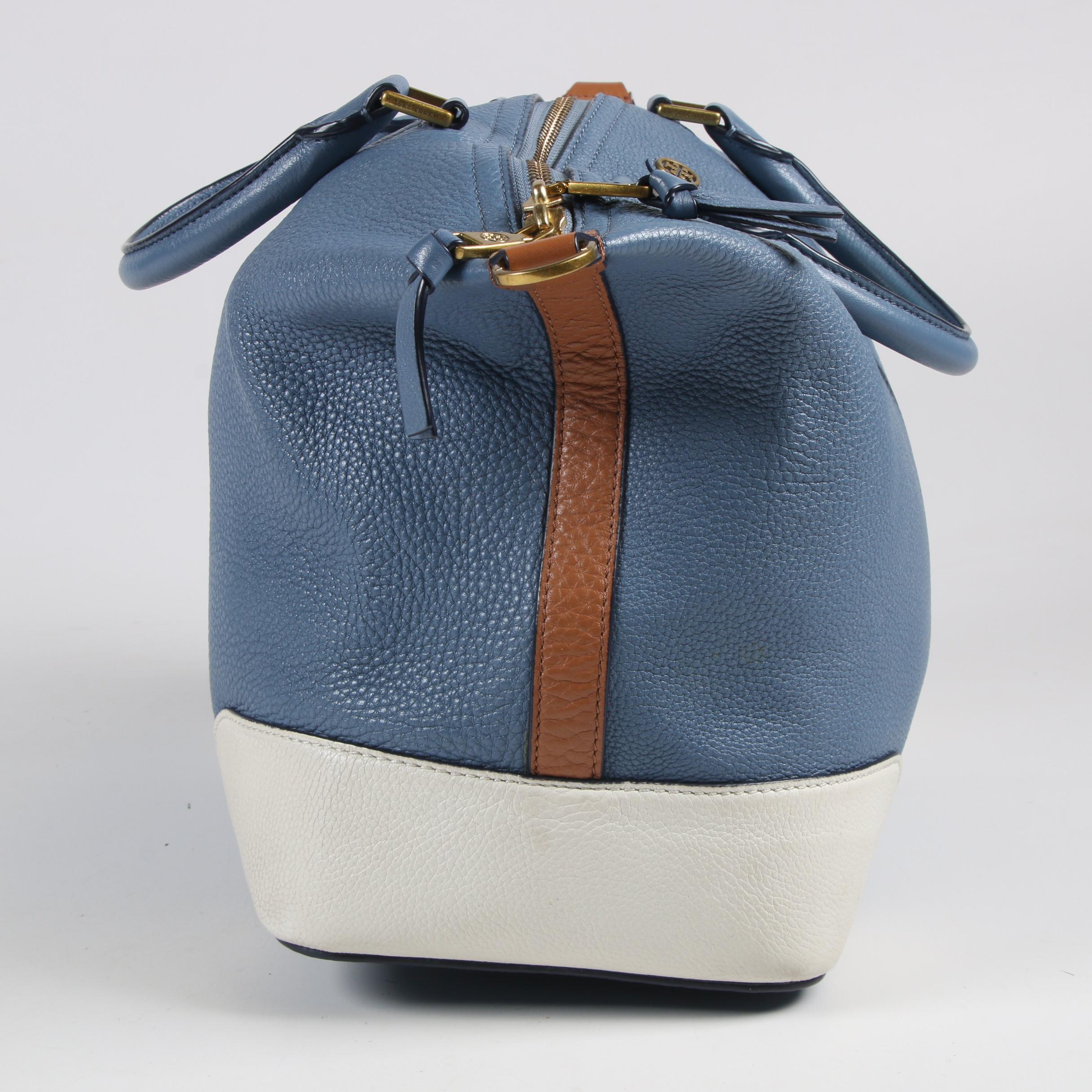 Tory Burch Blue, White, and Tan Pebbled Leather Shoulder Bag