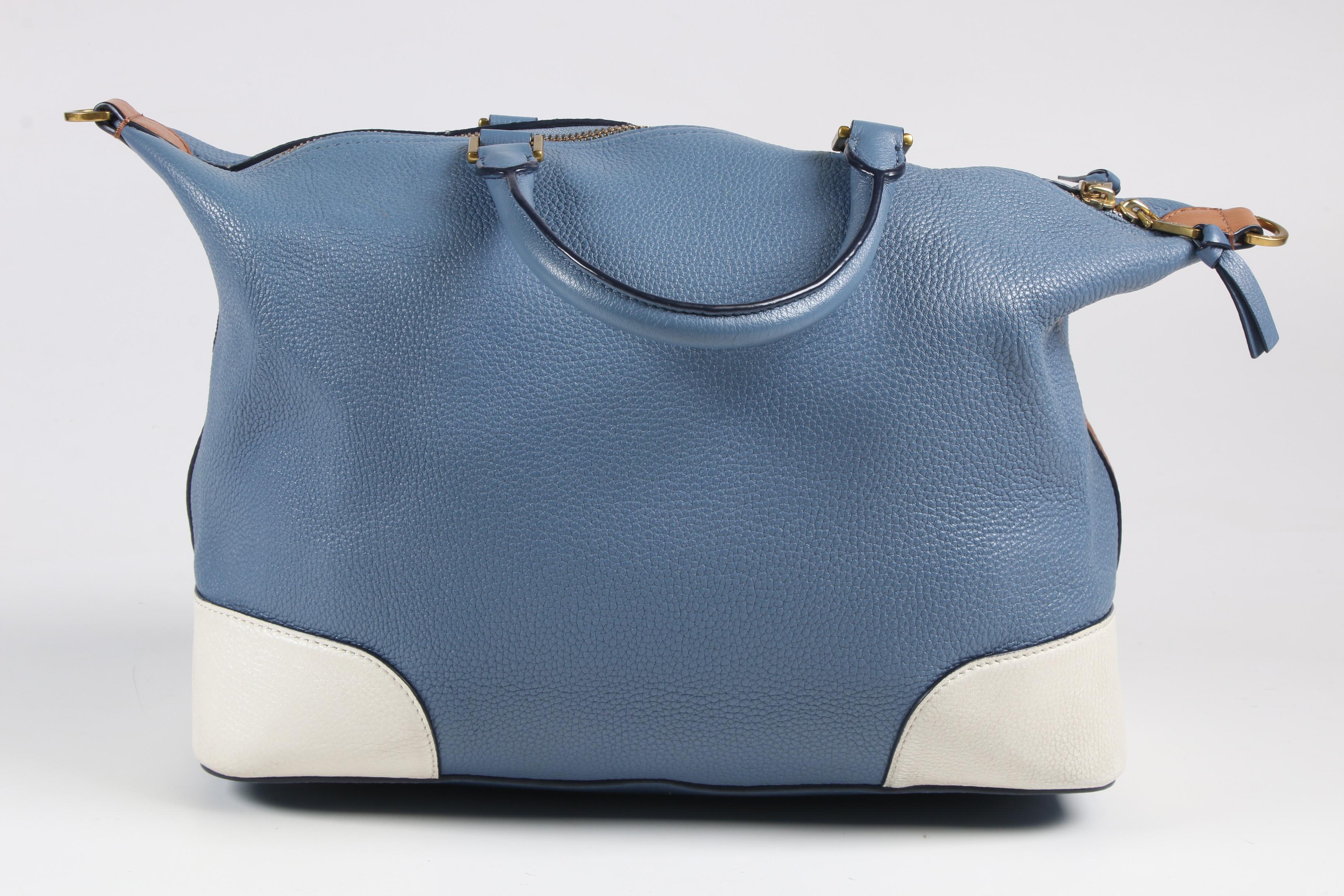 Tory Burch Blue, White, and Tan Pebbled Leather Shoulder Bag