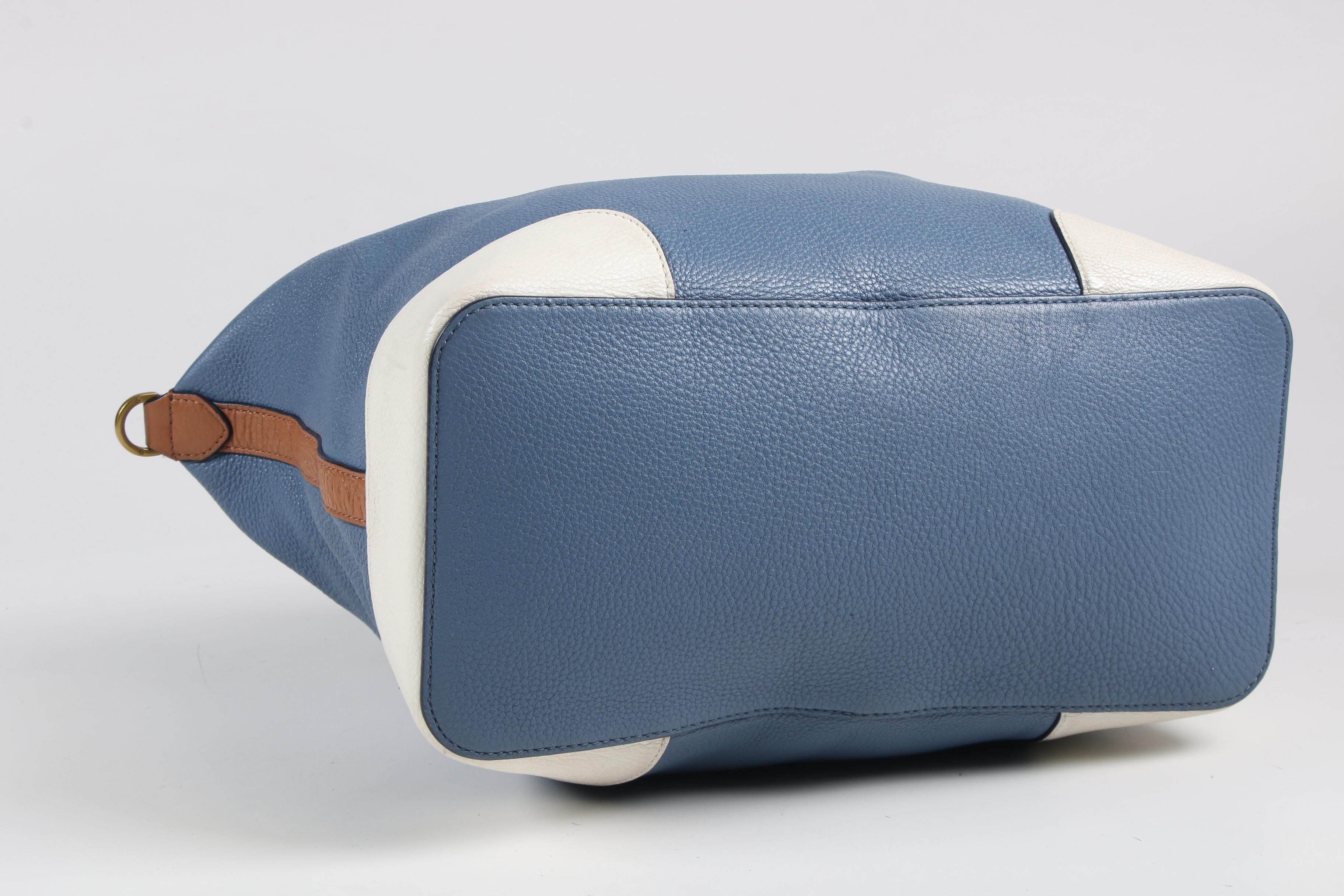 Tory Burch Blue, White, and Tan Pebbled Leather Shoulder Bag