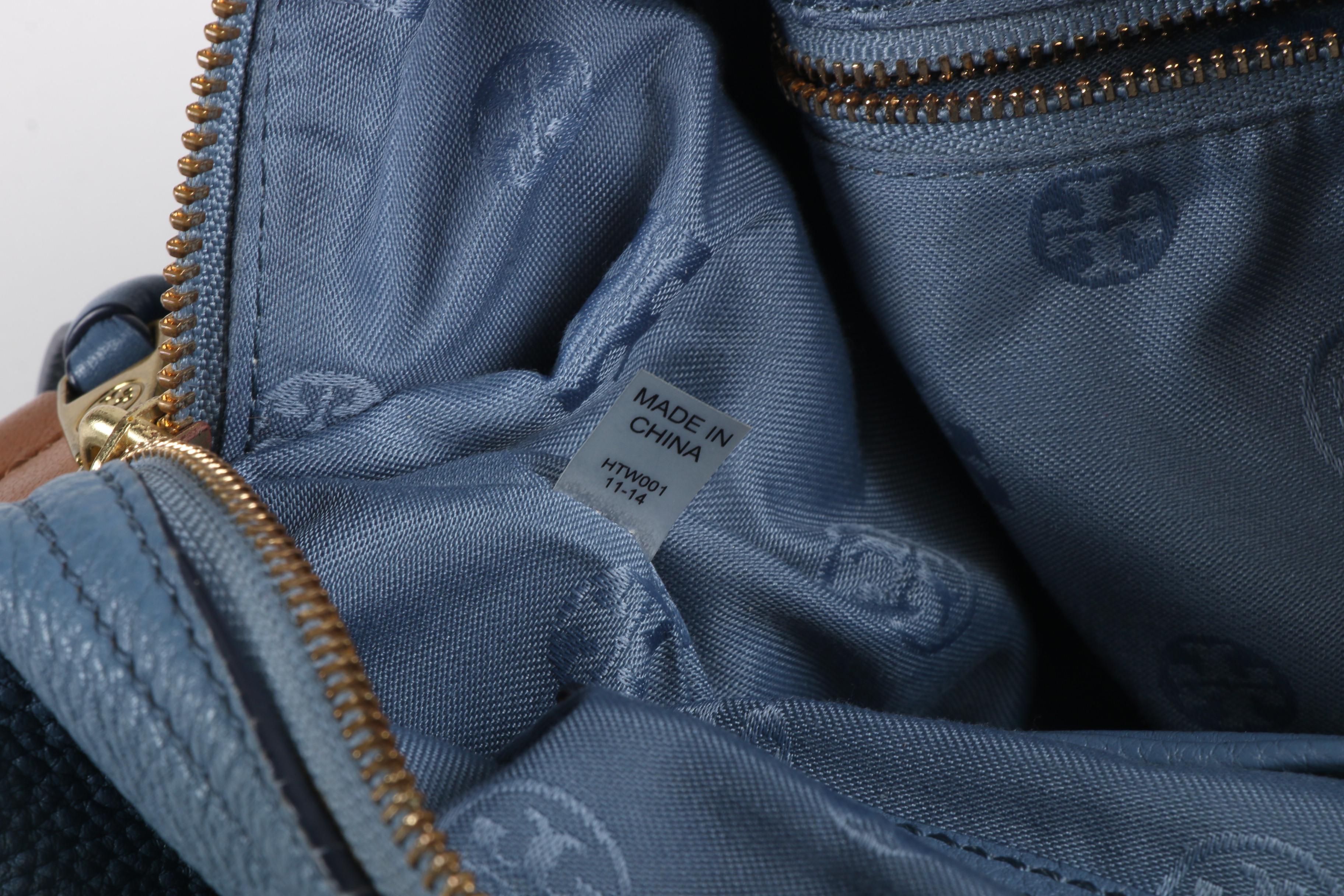 Tory Burch Blue, White, and Tan Pebbled Leather Shoulder Bag