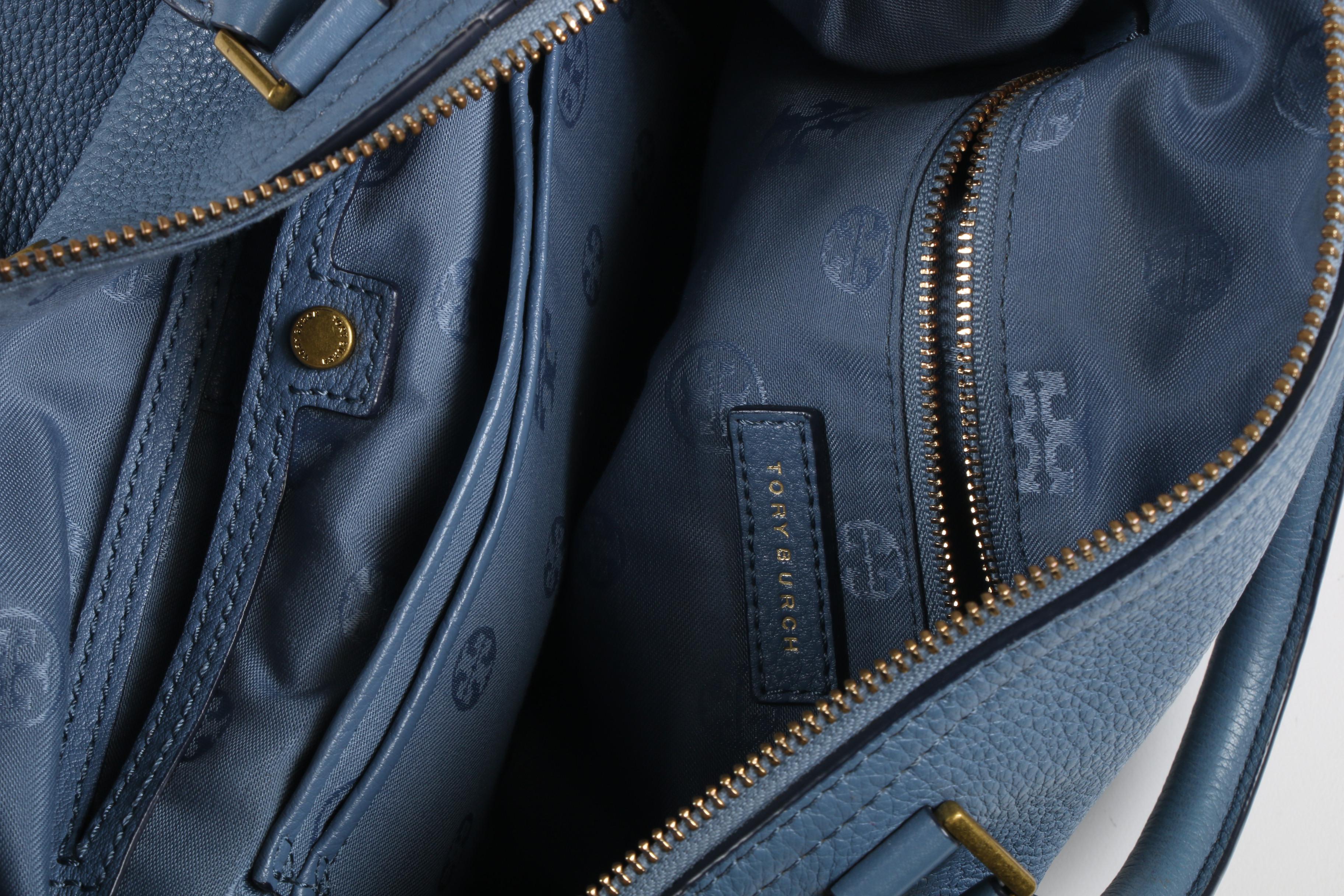 Tory Burch Blue, White, and Tan Pebbled Leather Shoulder Bag