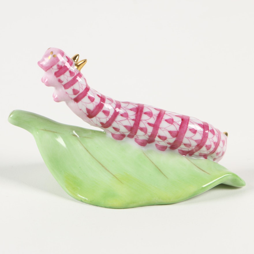 Herend Raspberry Fishnet with Gold "Caterpillar on Leaf" Porcelain Figurine