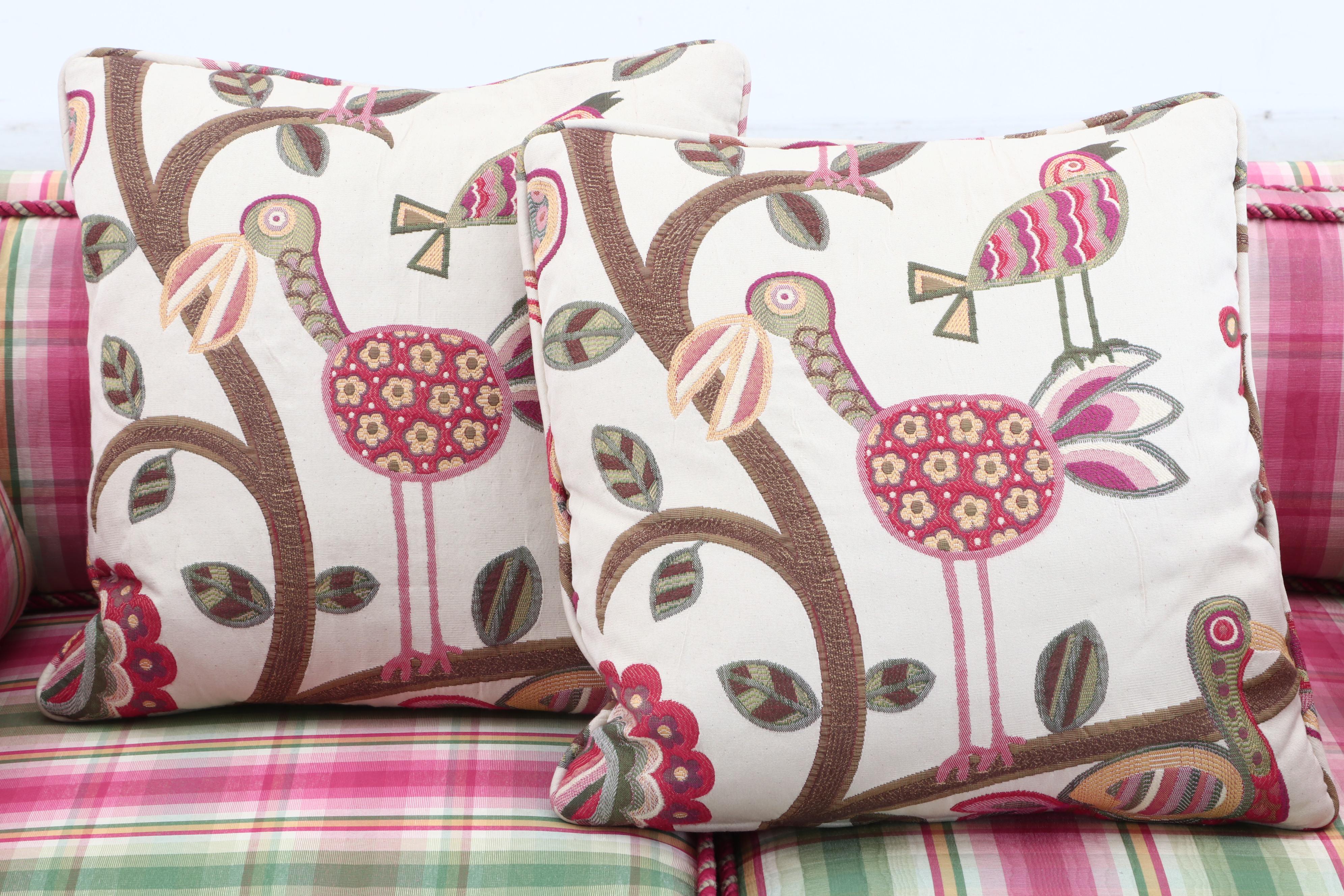 Contemporary Pink and Green Plaid Upholstered Loveseat Sofa with Throw Pillows