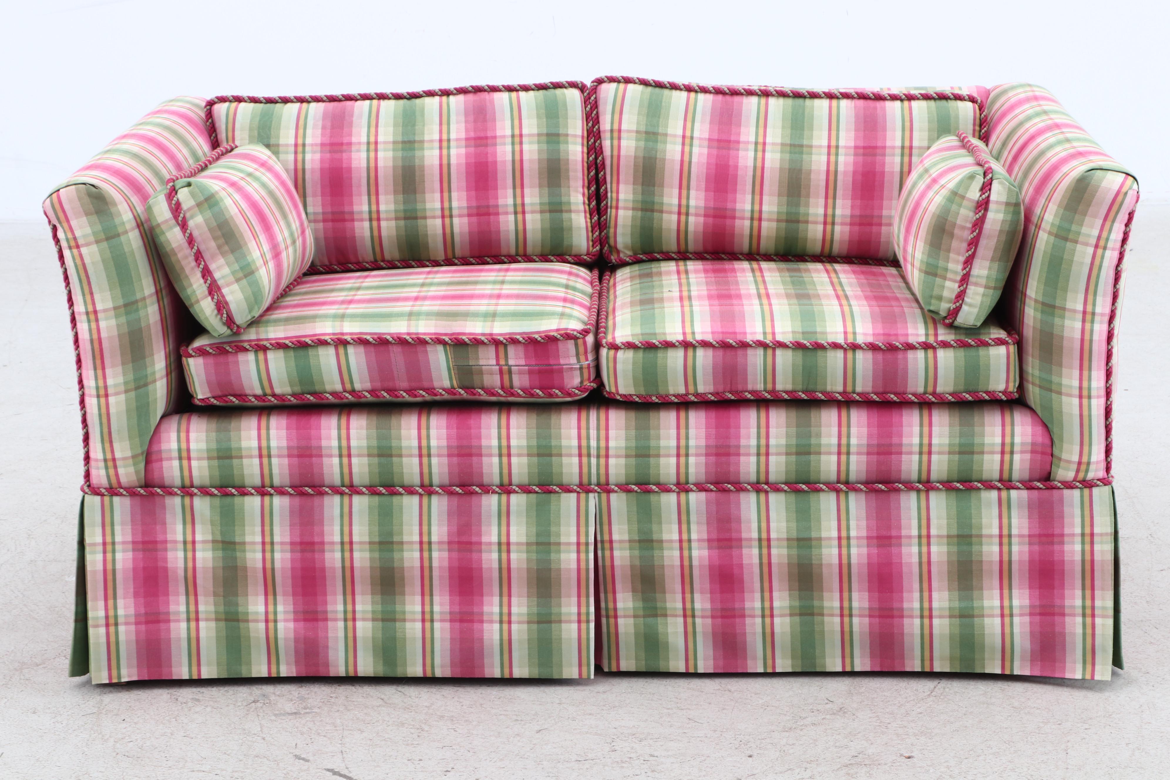 Contemporary Pink and Green Plaid Upholstered Loveseat Sofa with Throw Pillows