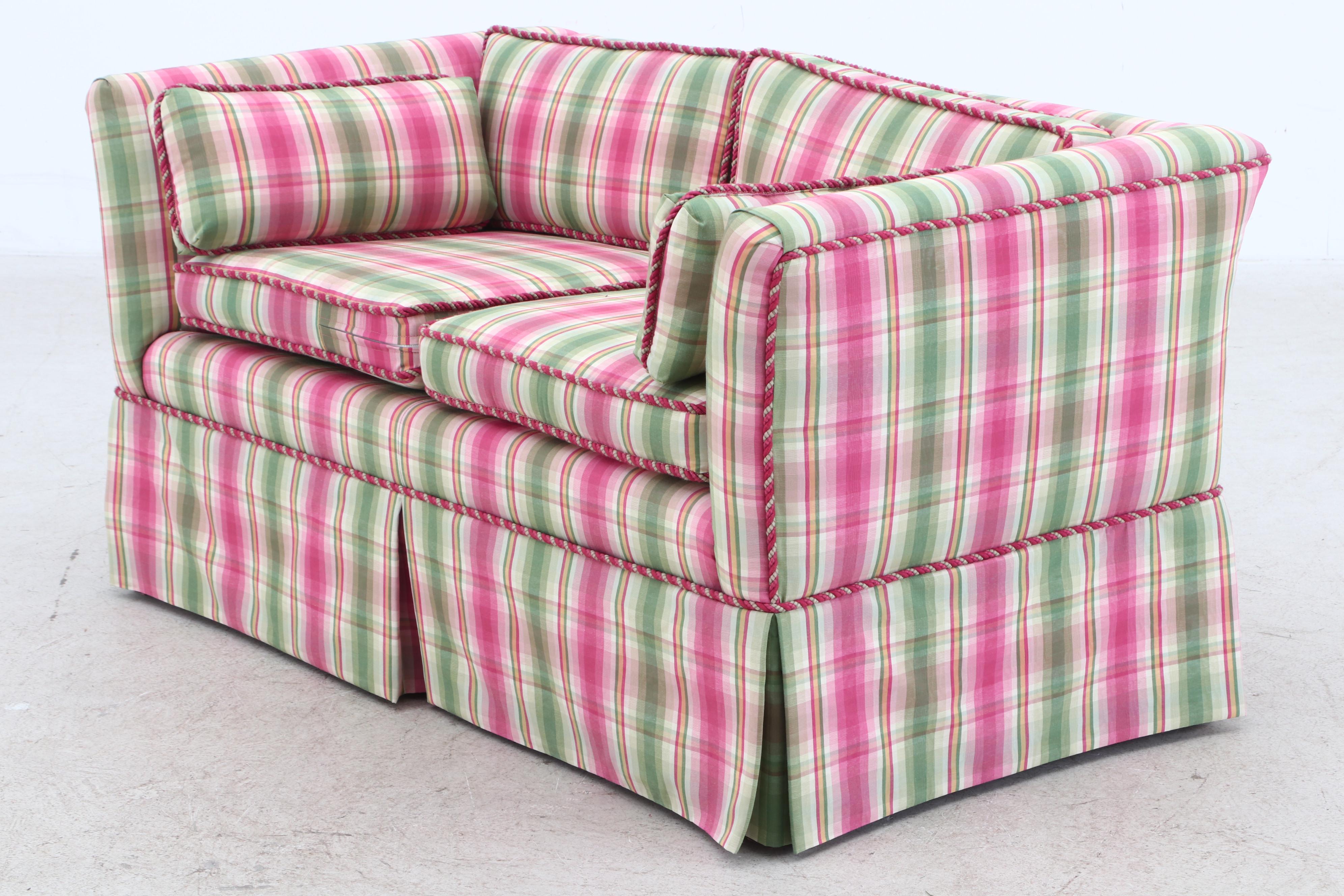 Contemporary Pink and Green Plaid Upholstered Loveseat Sofa with Throw Pillows