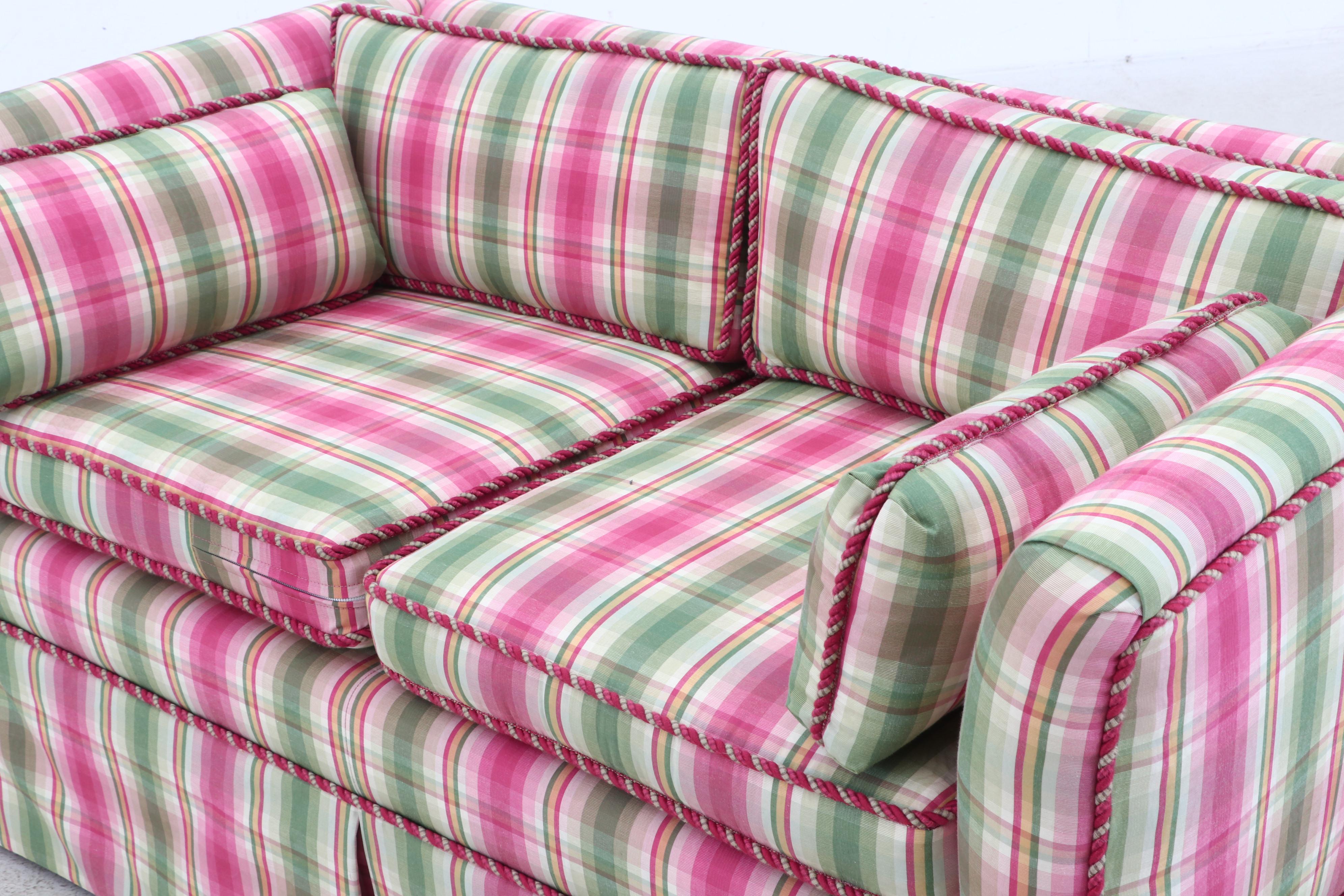 Contemporary Pink and Green Plaid Upholstered Loveseat Sofa with Throw Pillows