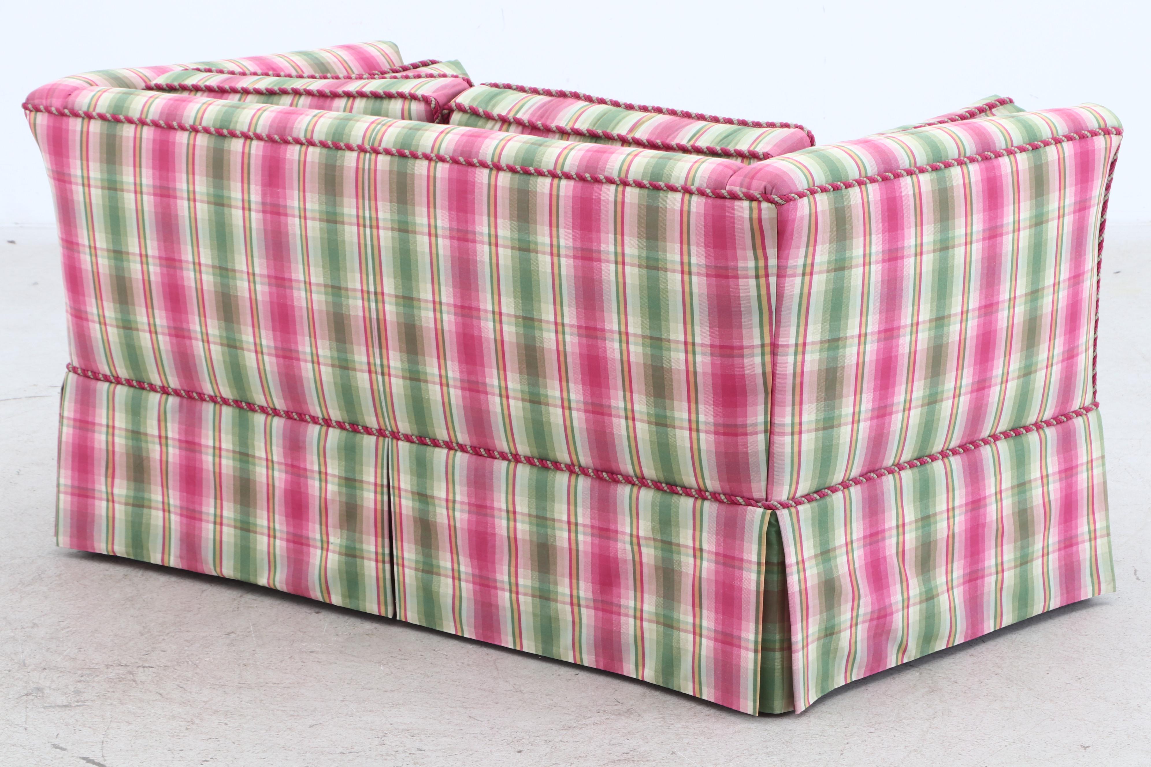 Contemporary Pink and Green Plaid Upholstered Loveseat Sofa with Throw Pillows