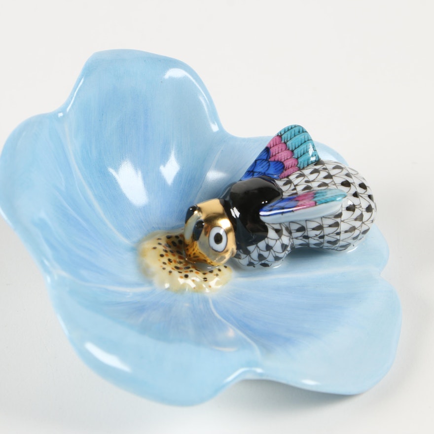 Herend Black Fishnet with Gold "Bumblebee on Flower" Porcelain Figurine