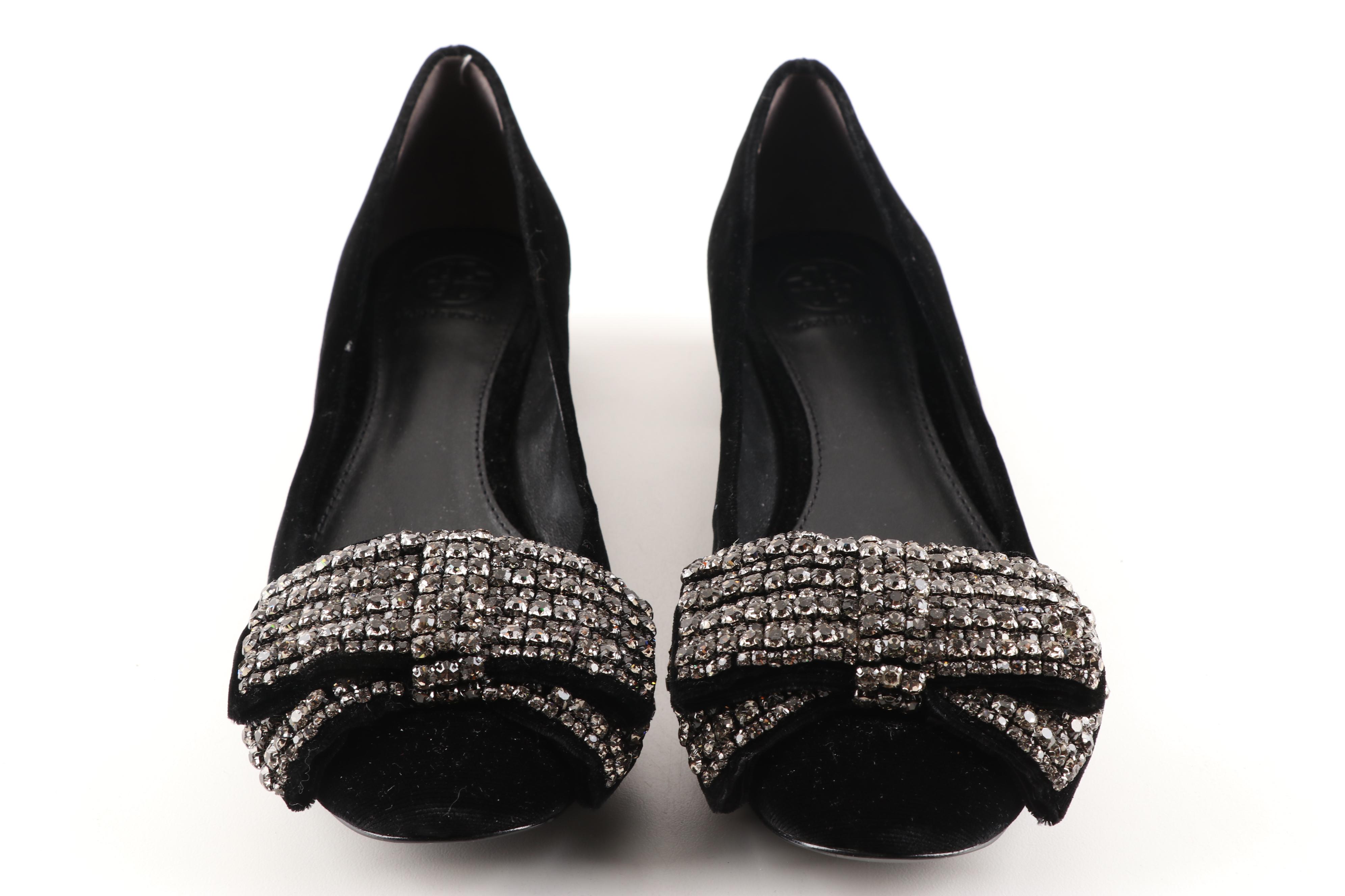 Tory Burch Josephine Black Velvet Low-Heeled Pumps With Rhinestone Bows