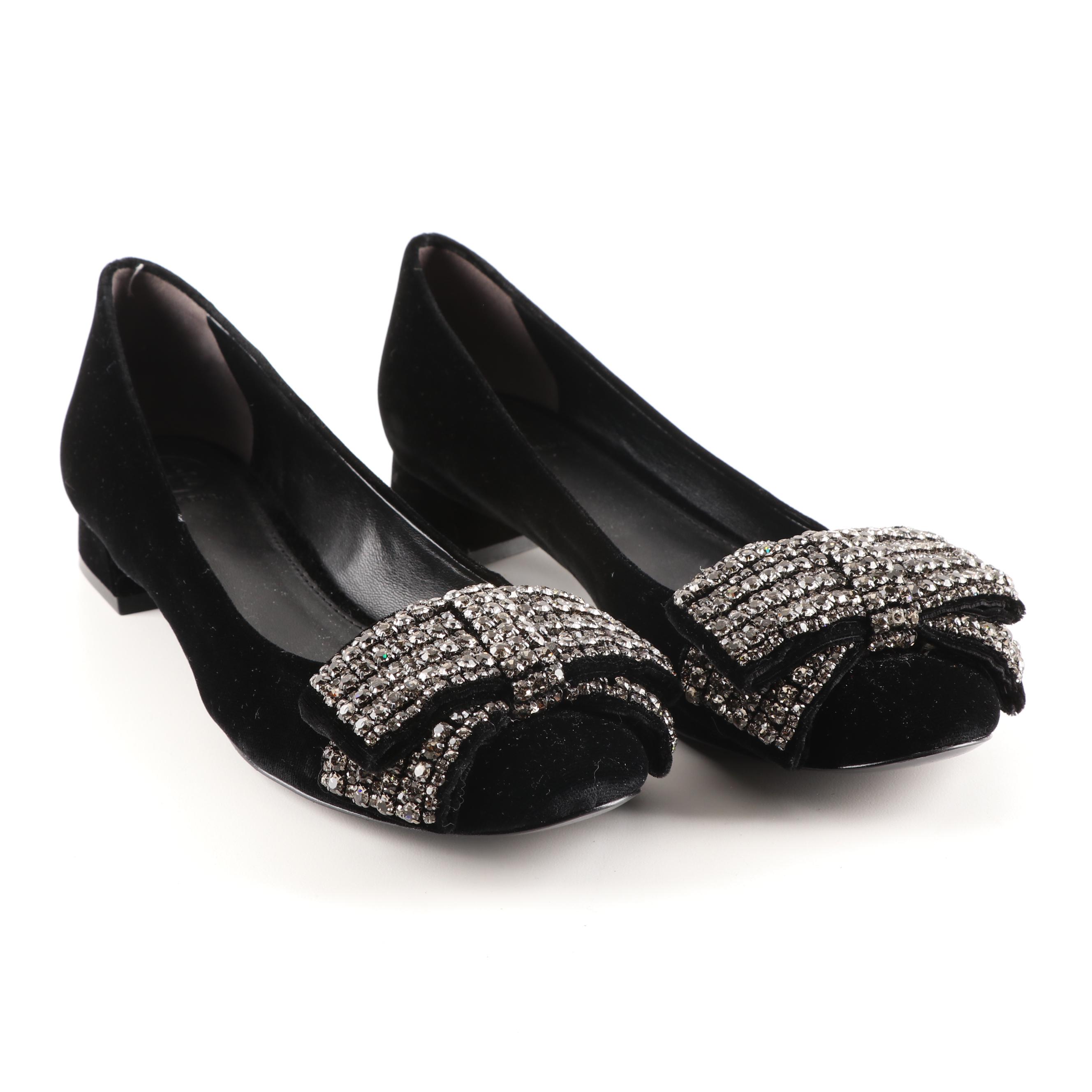 Tory Burch Josephine Black Velvet Low-Heeled Pumps With Rhinestone Bows