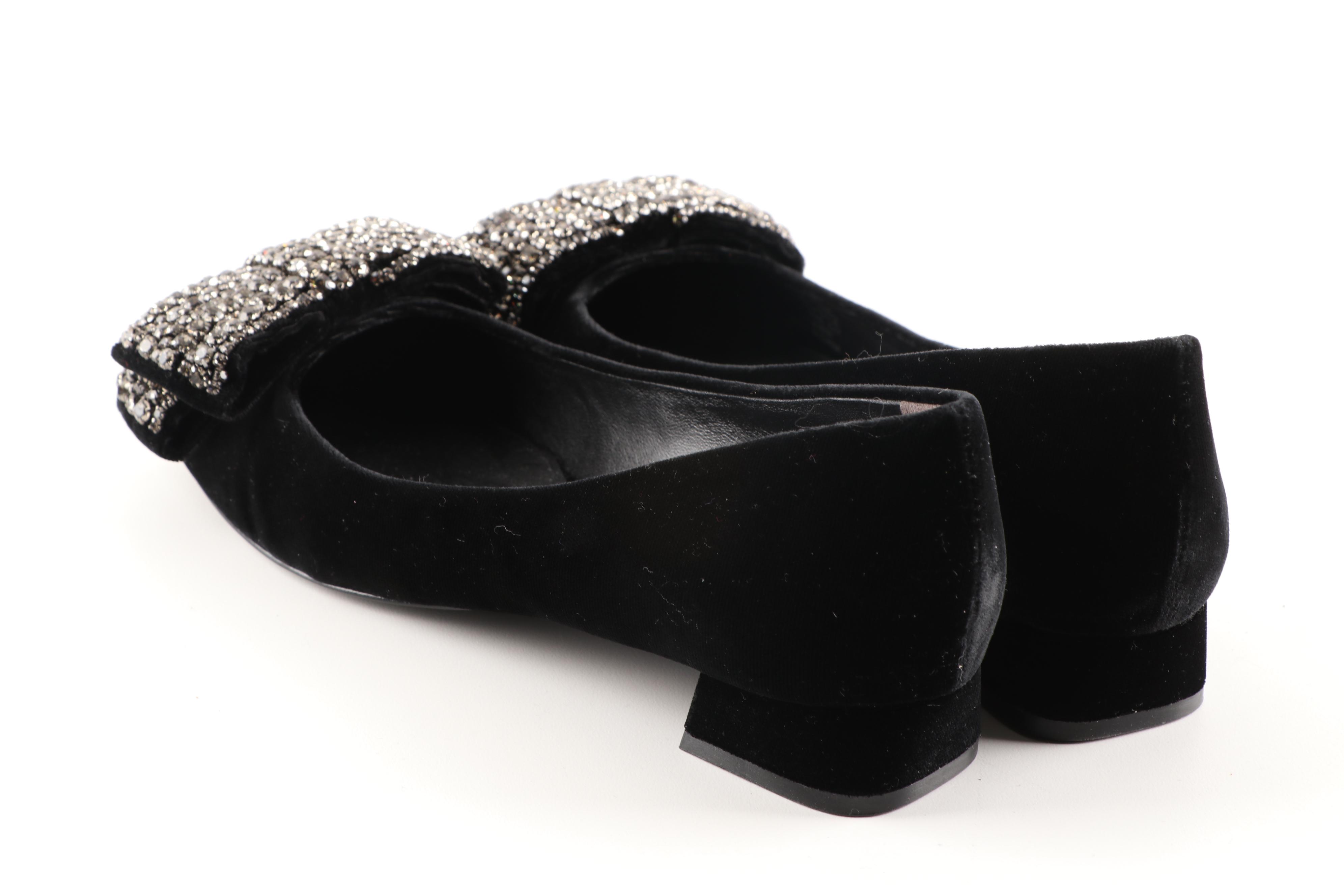 Tory Burch Josephine Black Velvet Low-Heeled Pumps With Rhinestone Bows