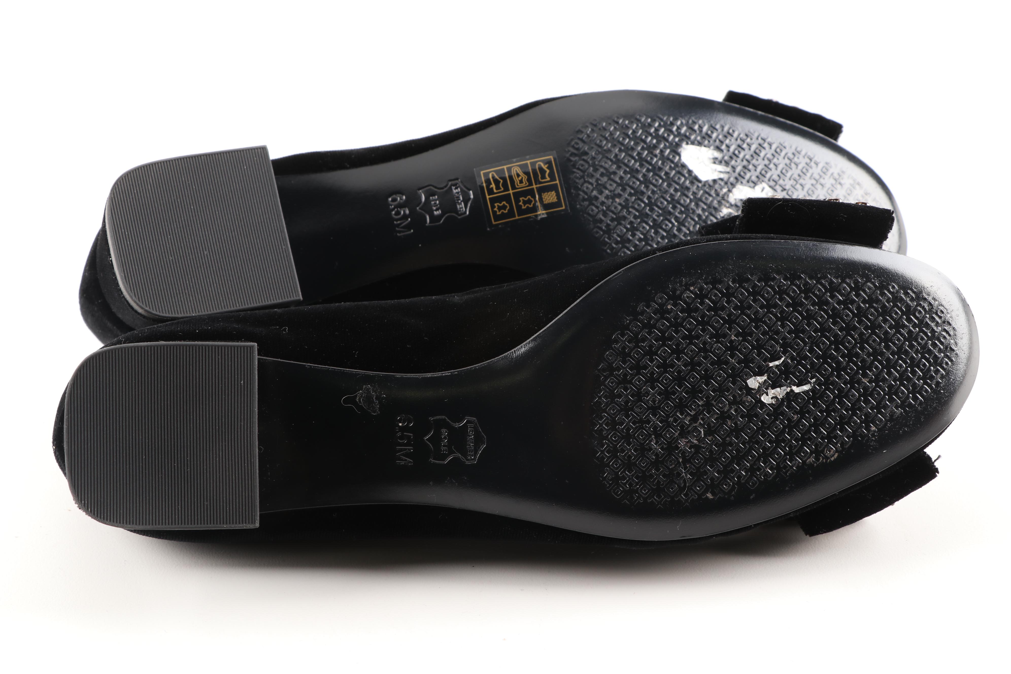 Tory Burch Josephine Black Velvet Low-Heeled Pumps With Rhinestone Bows