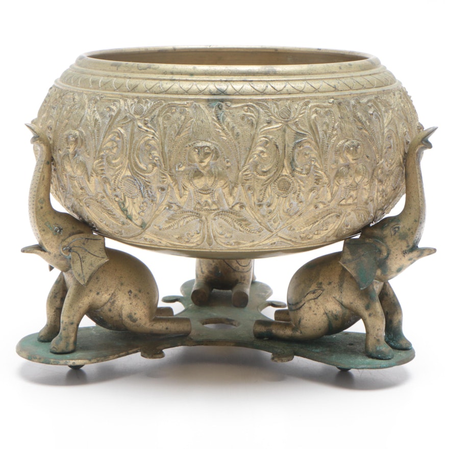 Indian Brass Bowl on Elephant Base, Early to Mid-20th Century