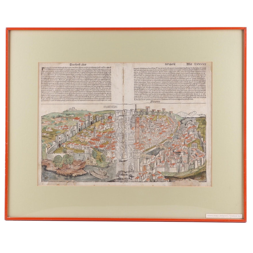 Bifolium with Large Hand Colored Map of Florence from 1493 "Nuremberg Chronicle"