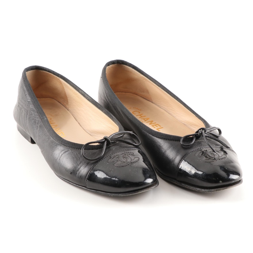 Chanel CC Black Calfskin and Patent Leather Cap Toe Ballet Flats