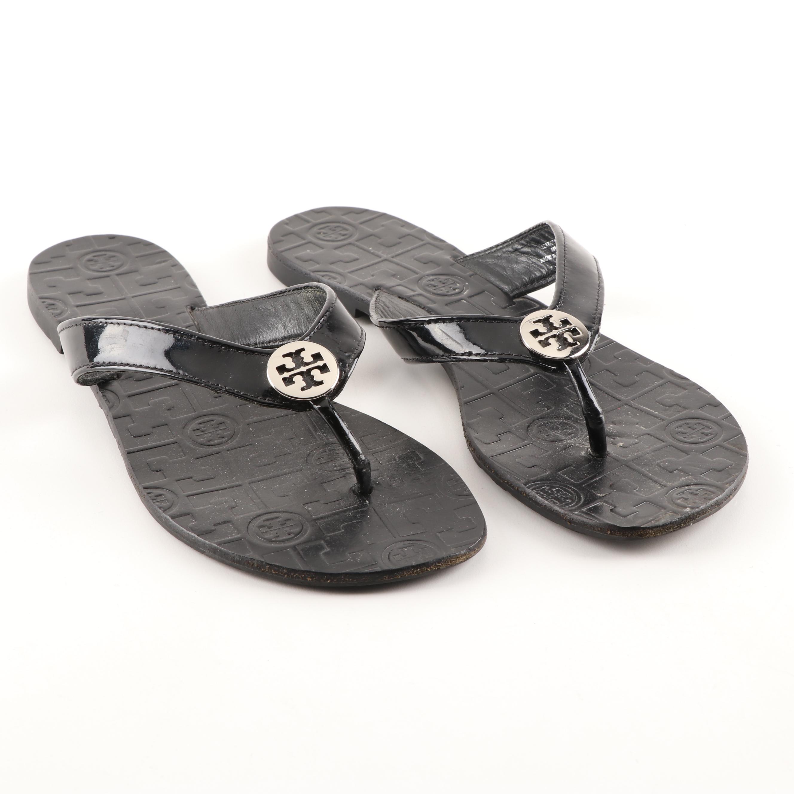 Tory Burch Black Patent Leather Thong Sandals