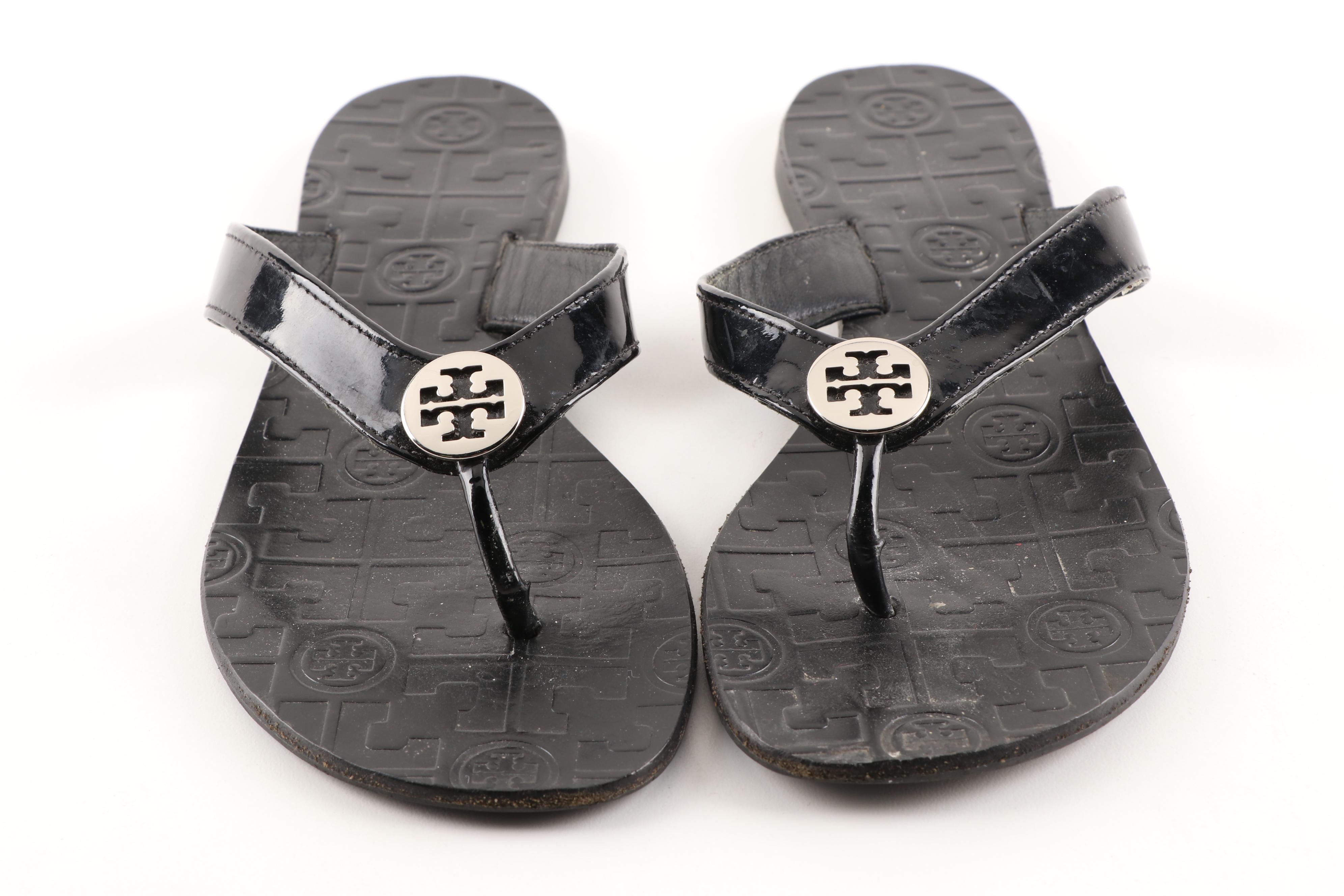 Tory Burch Black Patent Leather Thong Sandals