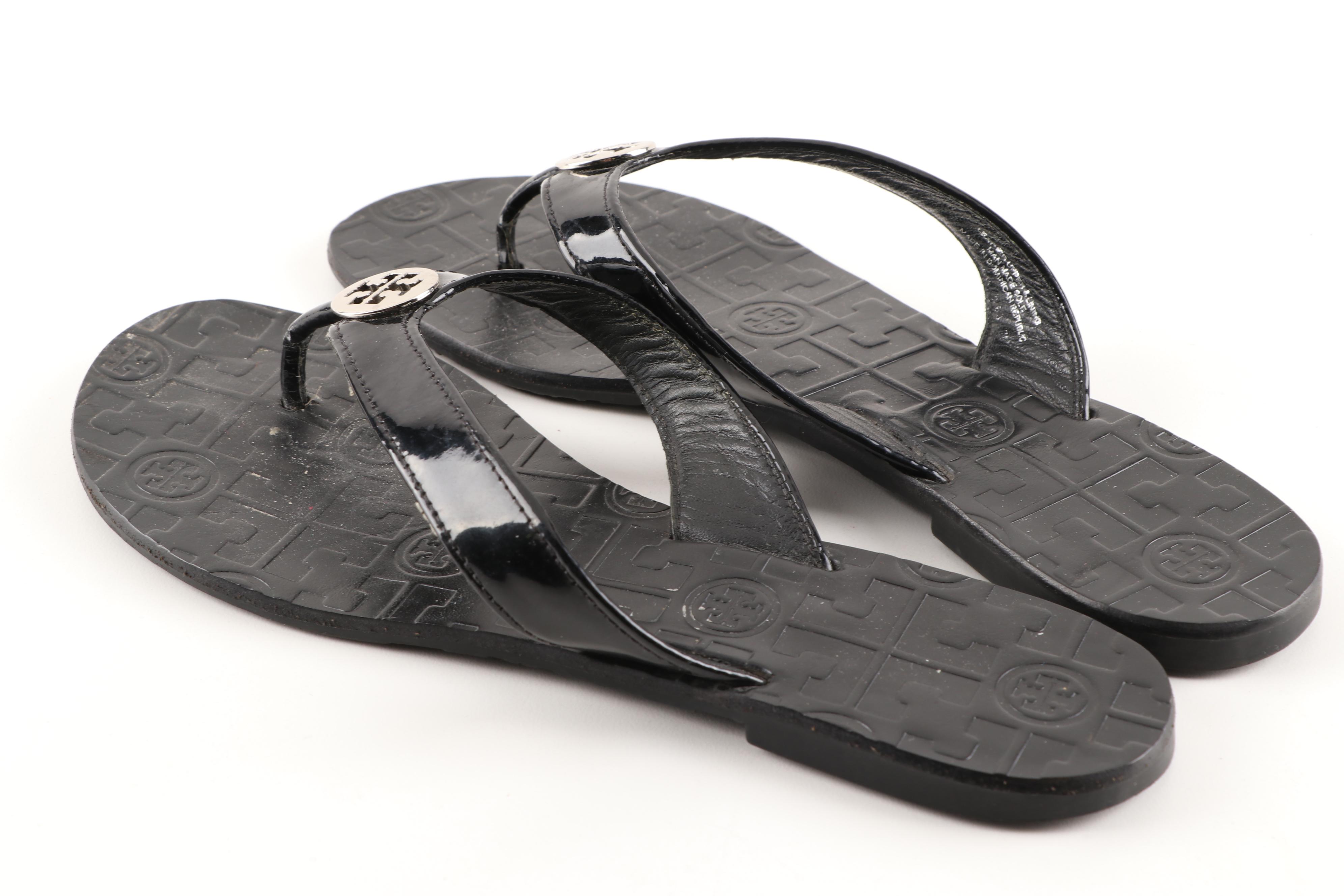 Tory Burch Black Patent Leather Thong Sandals