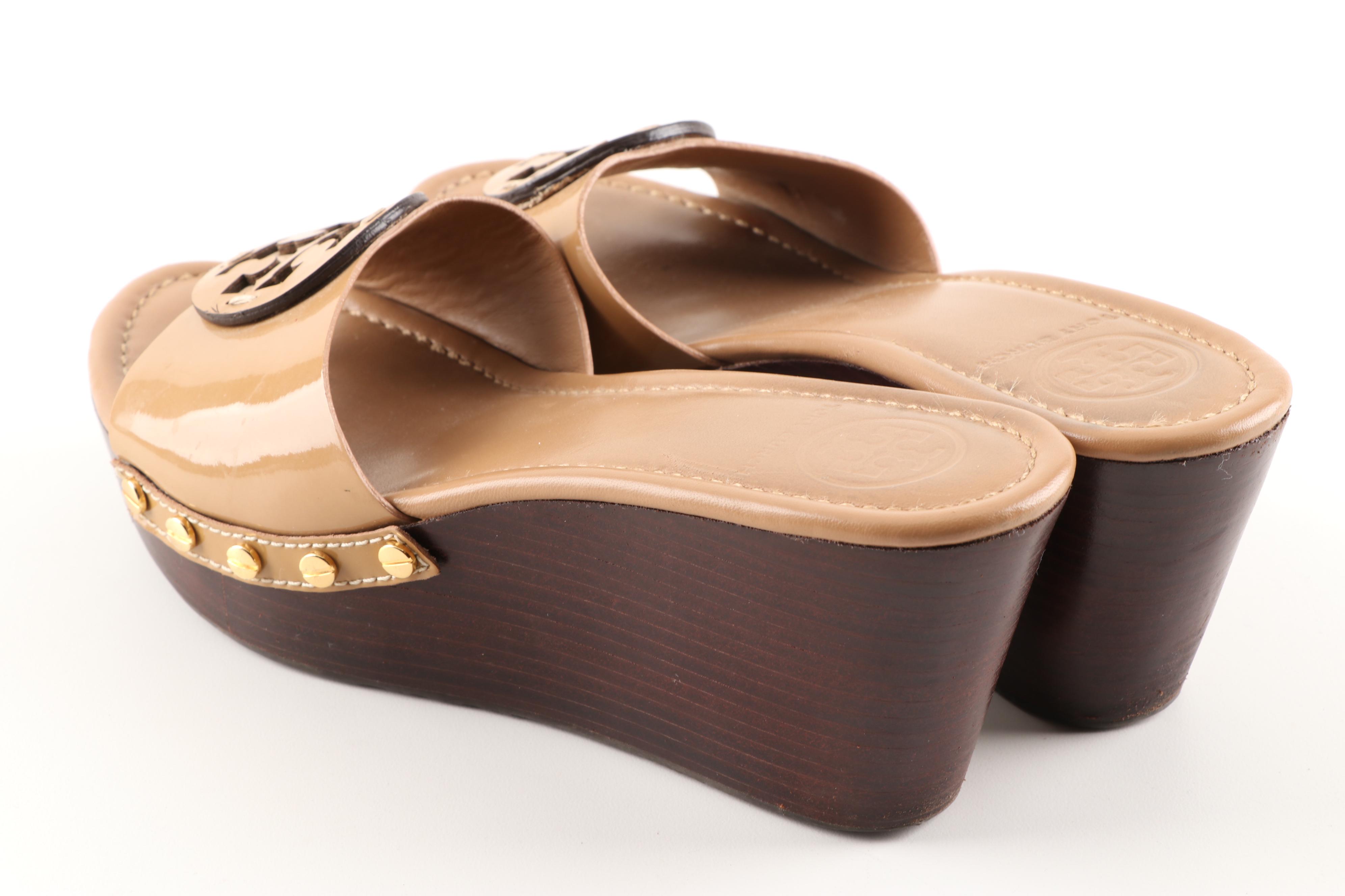 Tory Burch Camel Patent Leather Platform Wedge Slide Sandals