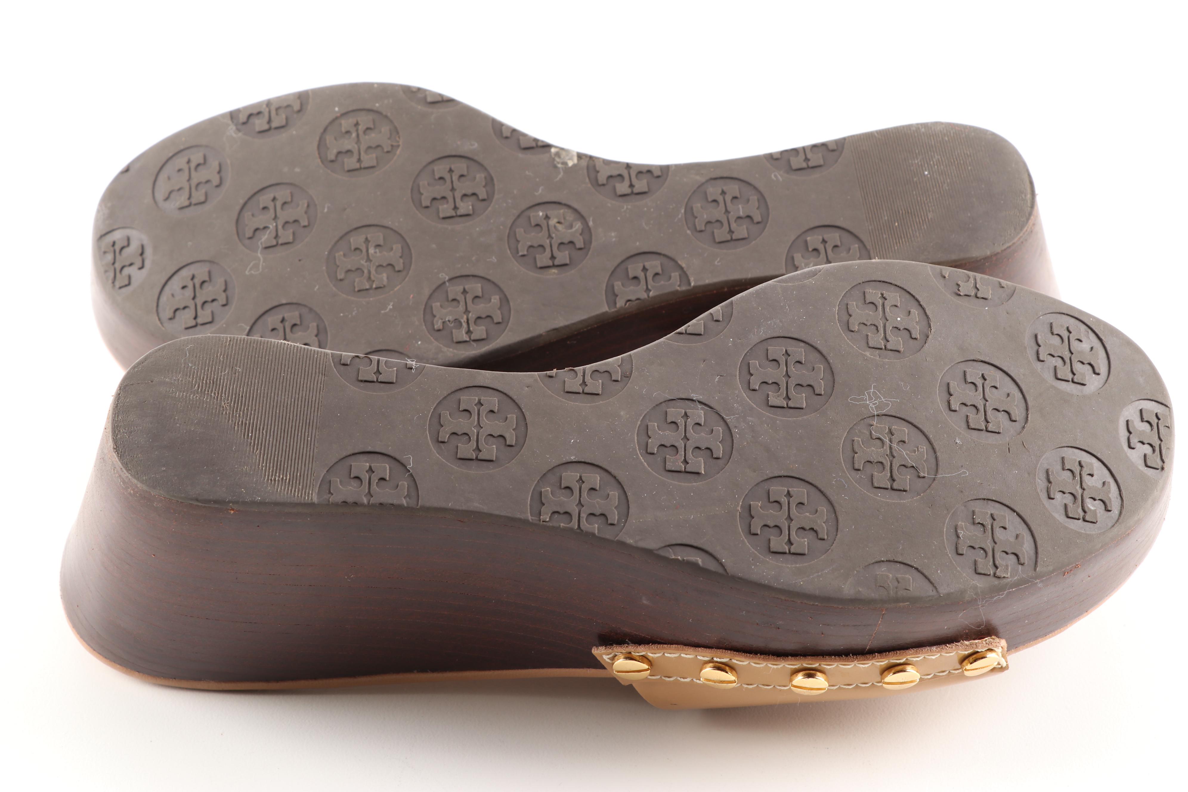 Tory Burch Camel Patent Leather Platform Wedge Slide Sandals