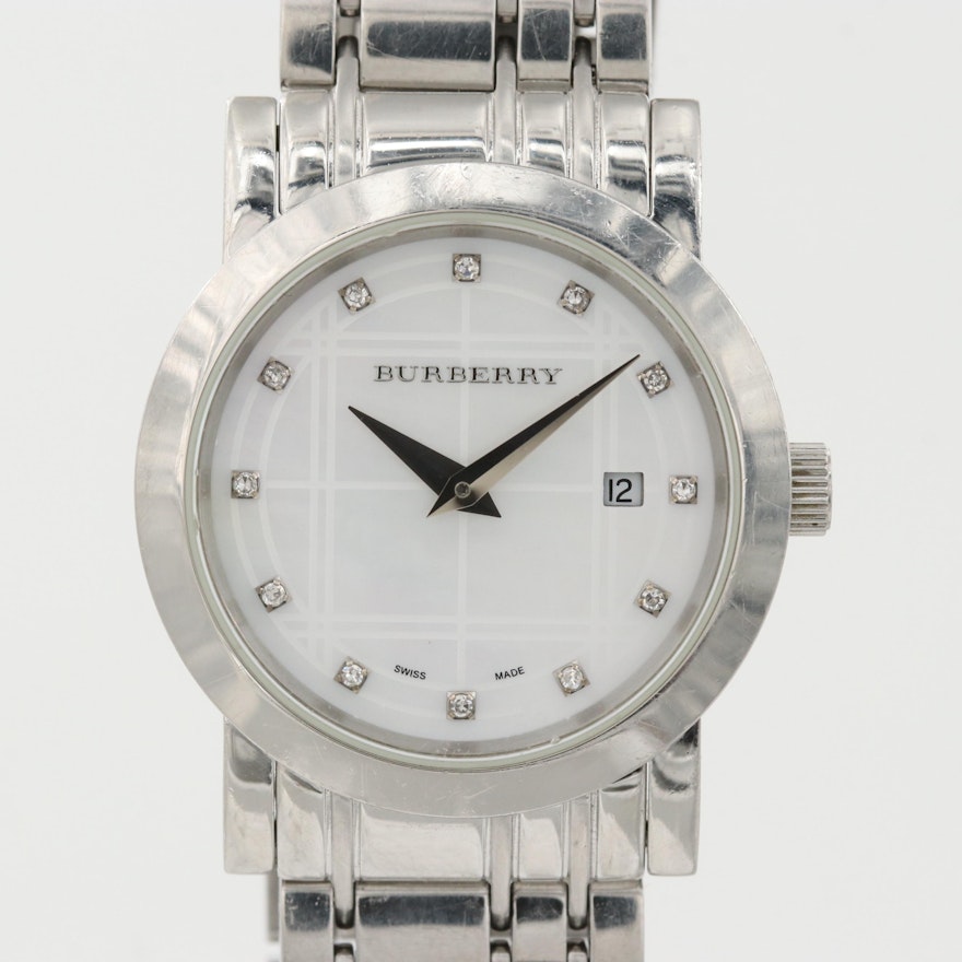 Burberry Heritage Stainless Steel Diamond Quartz Wristwatch With M.O.P. Dial