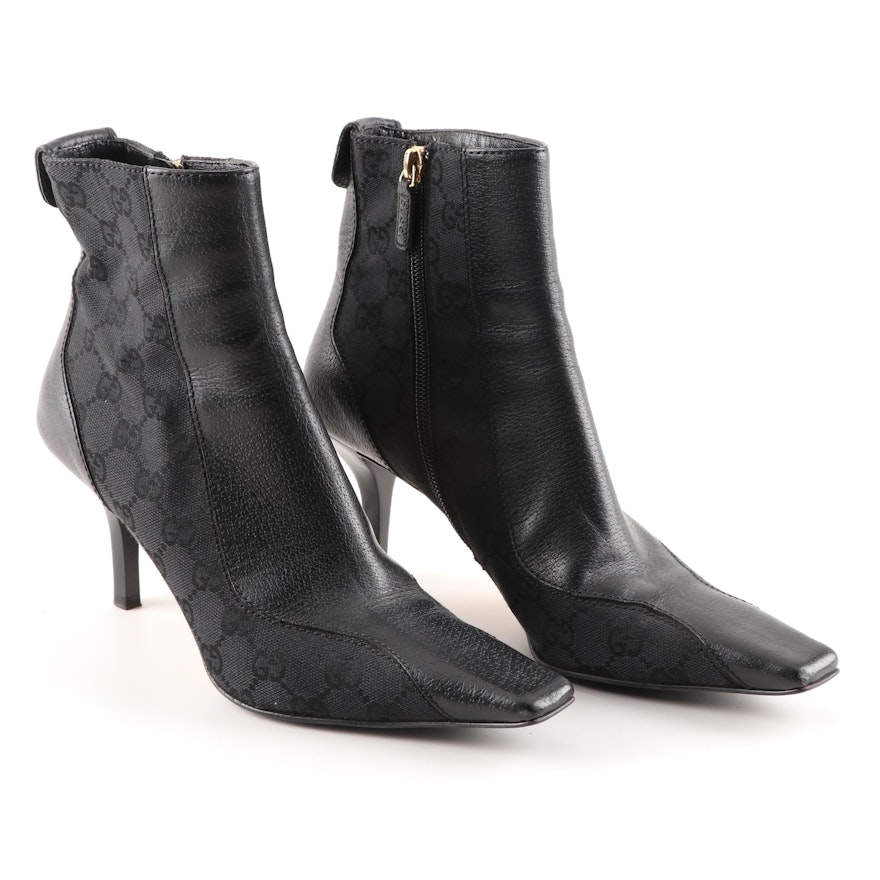 Gucci Signature Black Canvas and Leather Square Toe Booties