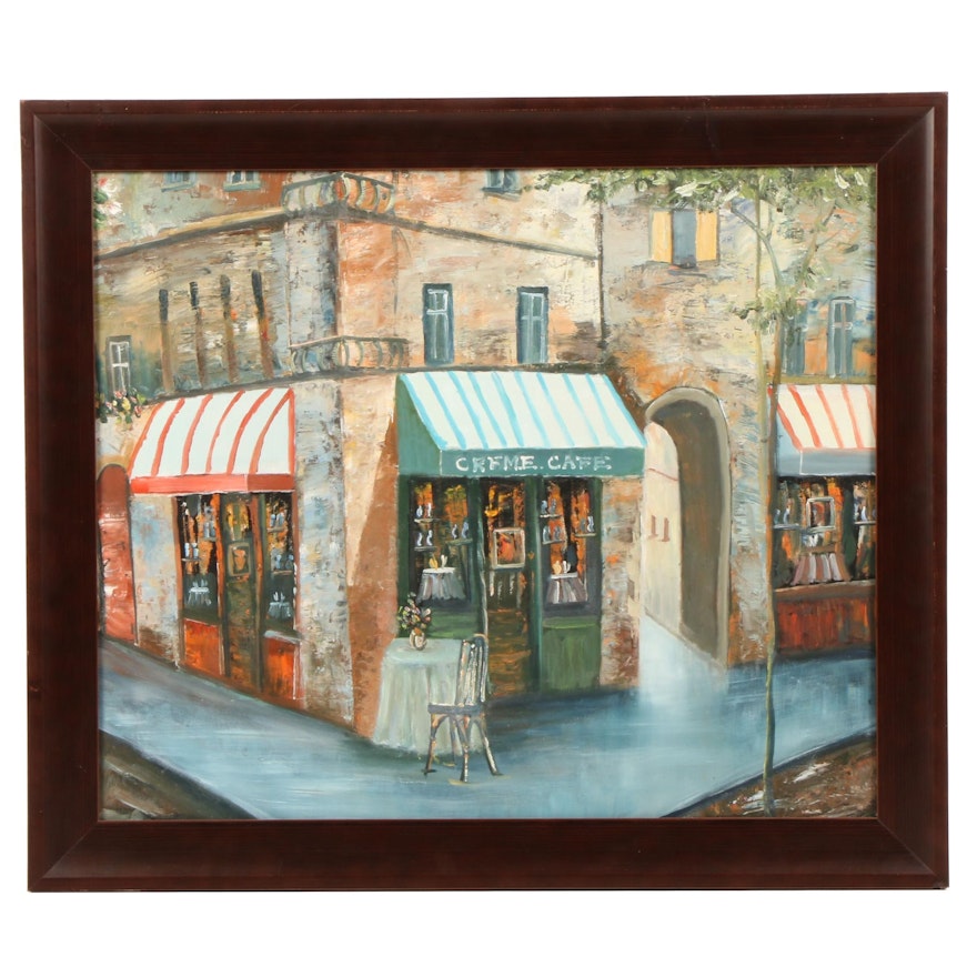 Oil Painting of European Street Scene with Cafe