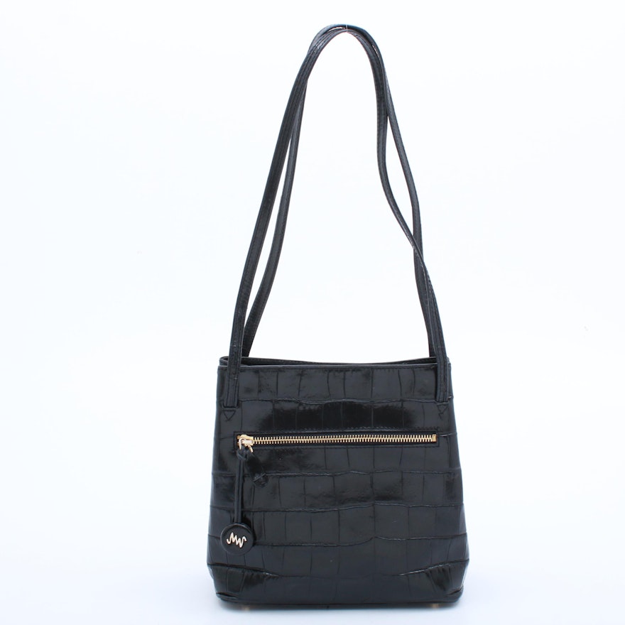 Monsac Croc Embossed BLack Leather Shoulder Bag