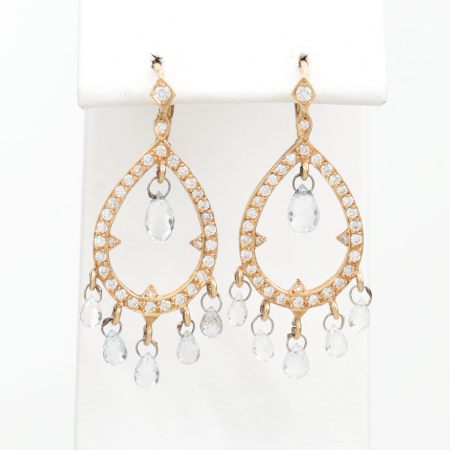 18K Yellow Gold White Sapphire and Diamond Drop Earrings