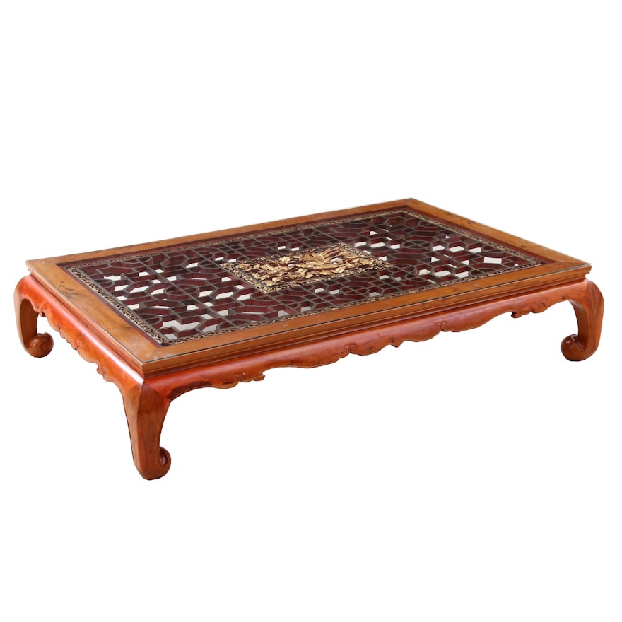 Large Custom Chinese Rosewood Coffee Table With Fretwork Panel, Mid-20th Century