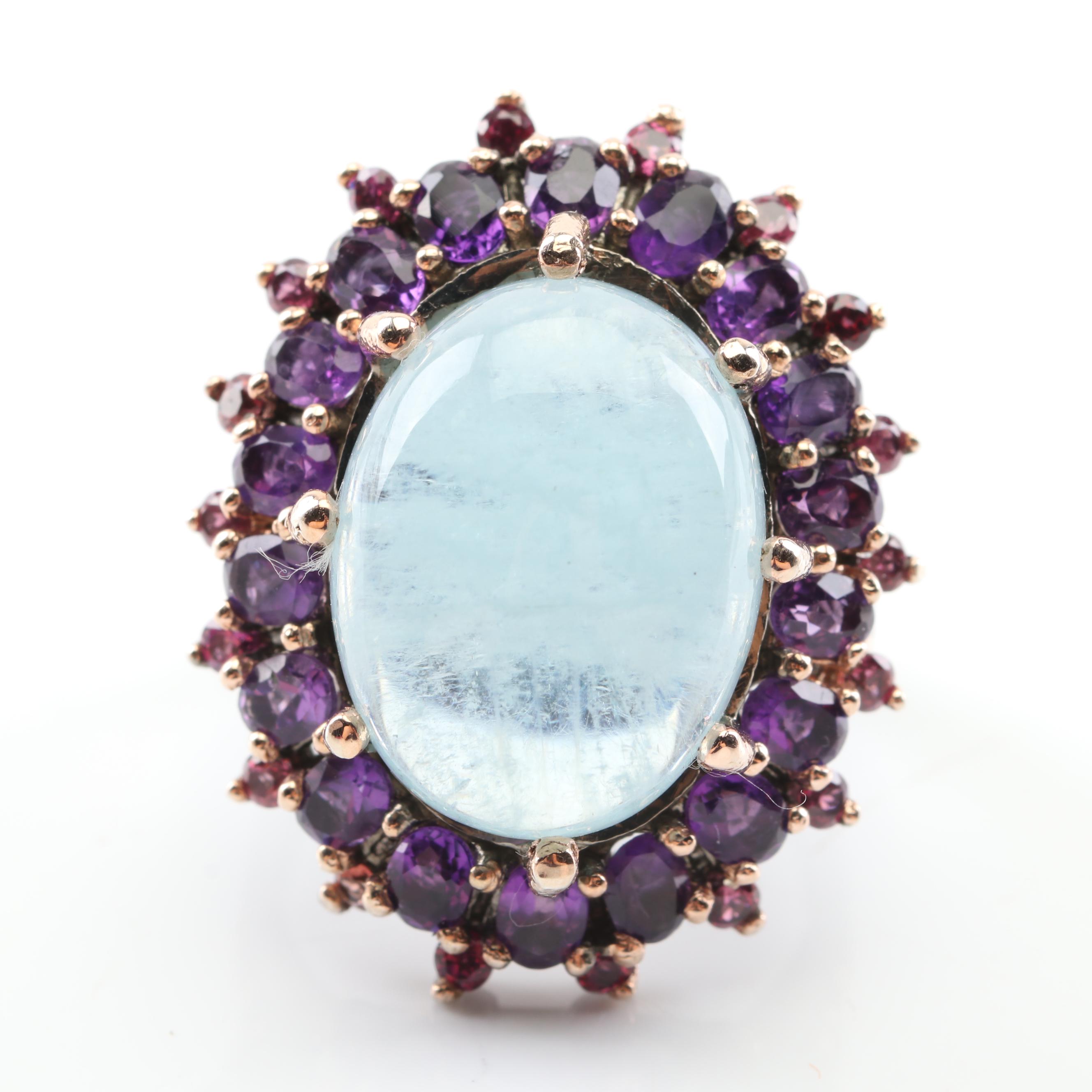 Sterling Silver Aquamarine, Amethyst, and Garnet Ring