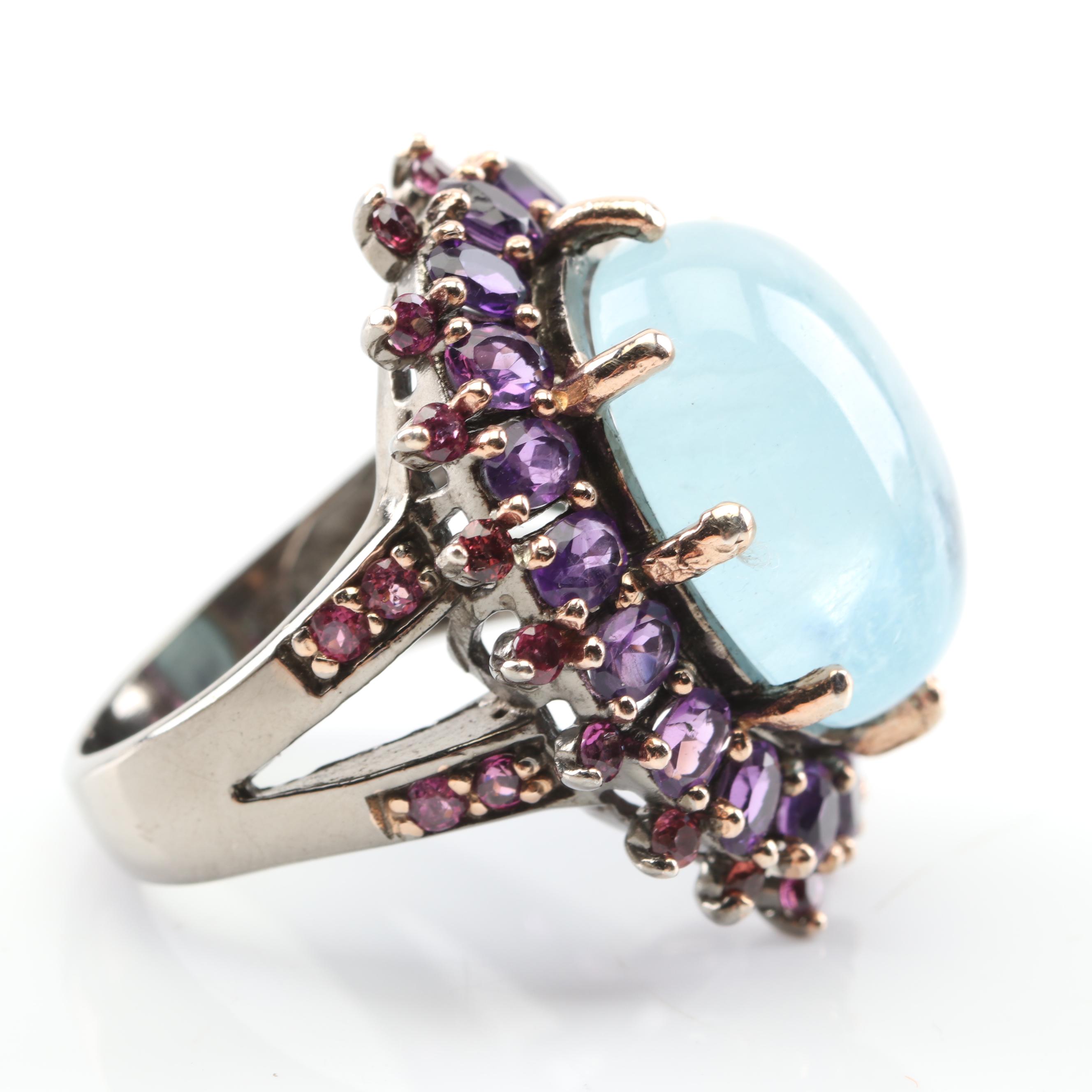 Sterling Silver Aquamarine, Amethyst, and Garnet Ring