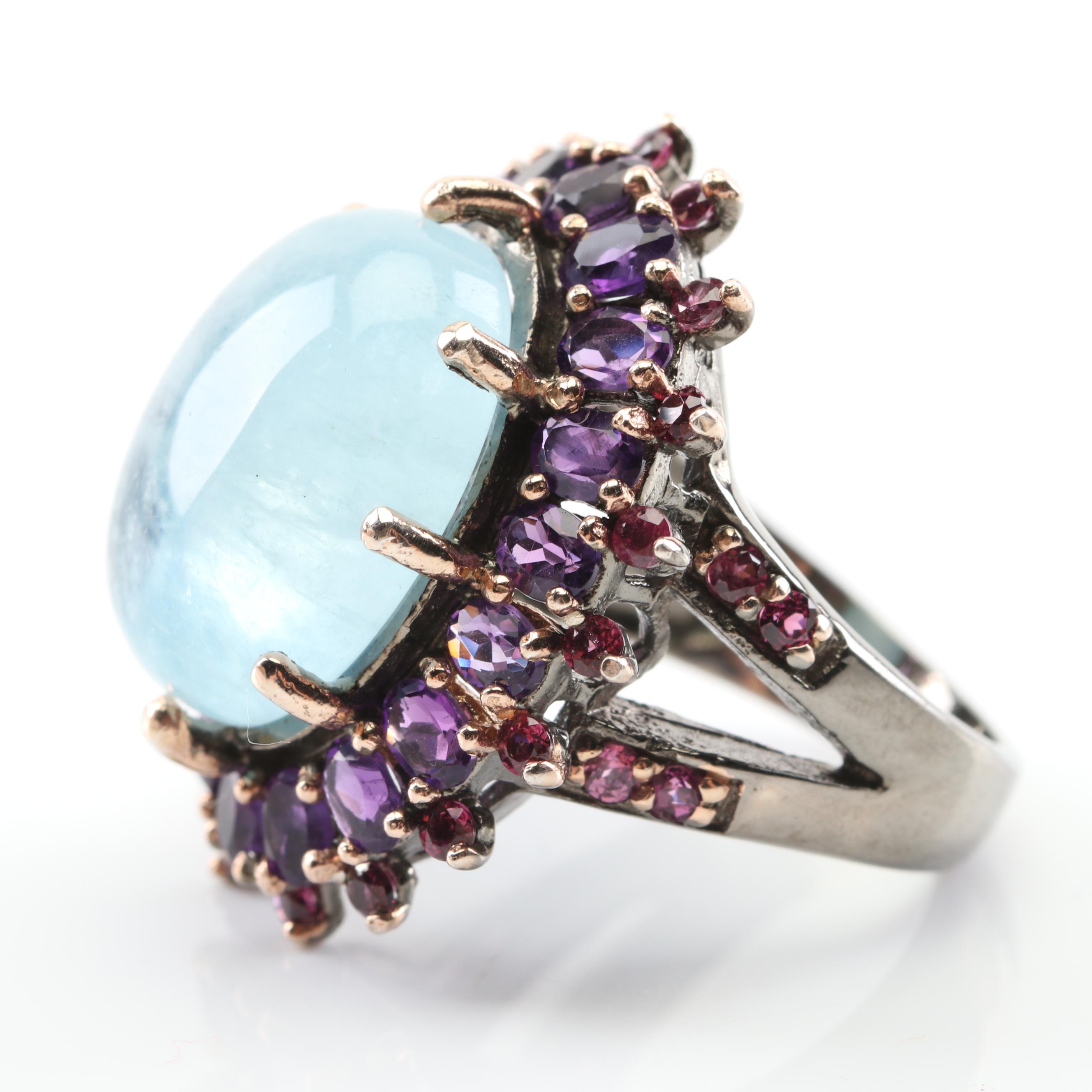 Sterling Silver Aquamarine, Amethyst, and Garnet Ring