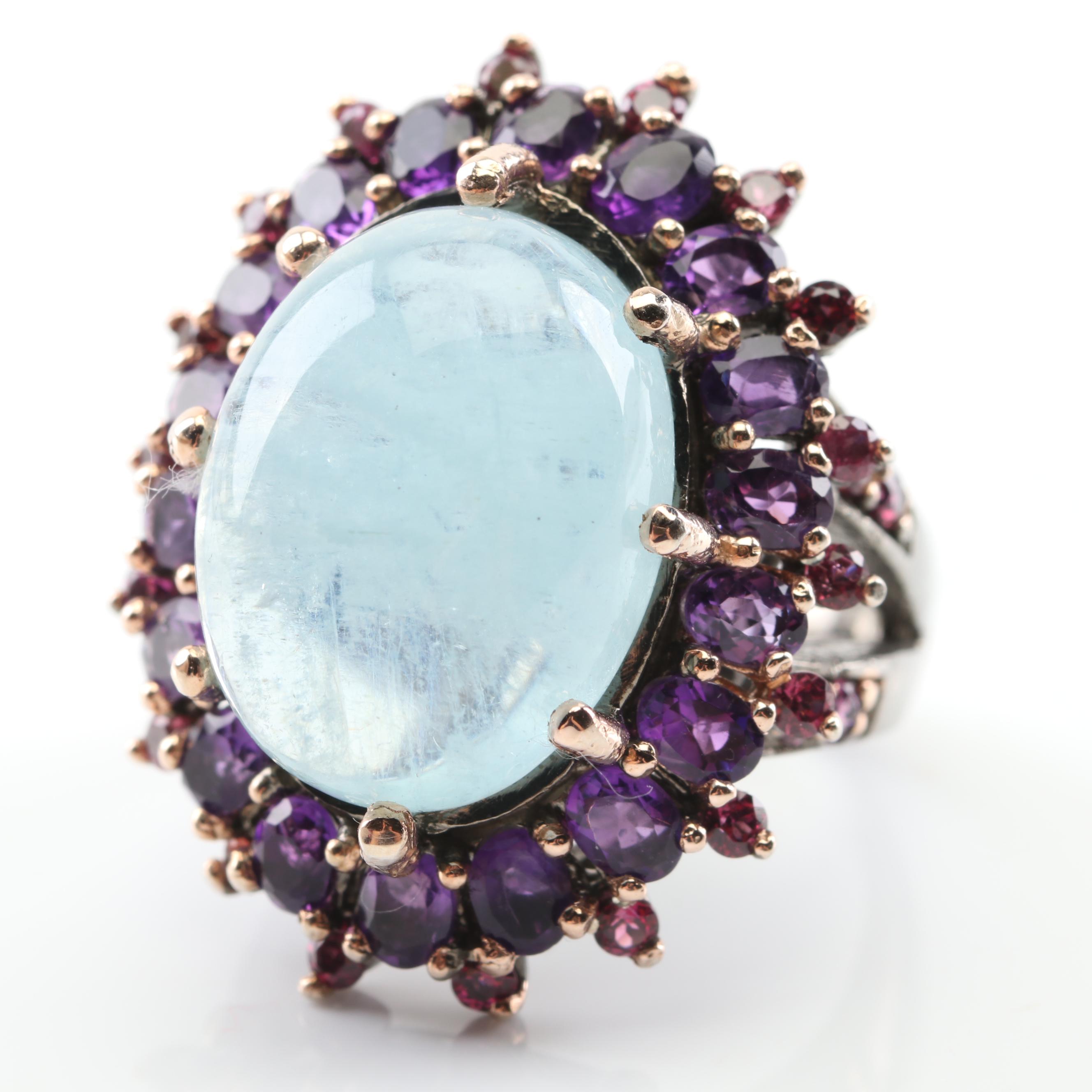 Sterling Silver Aquamarine, Amethyst, and Garnet Ring