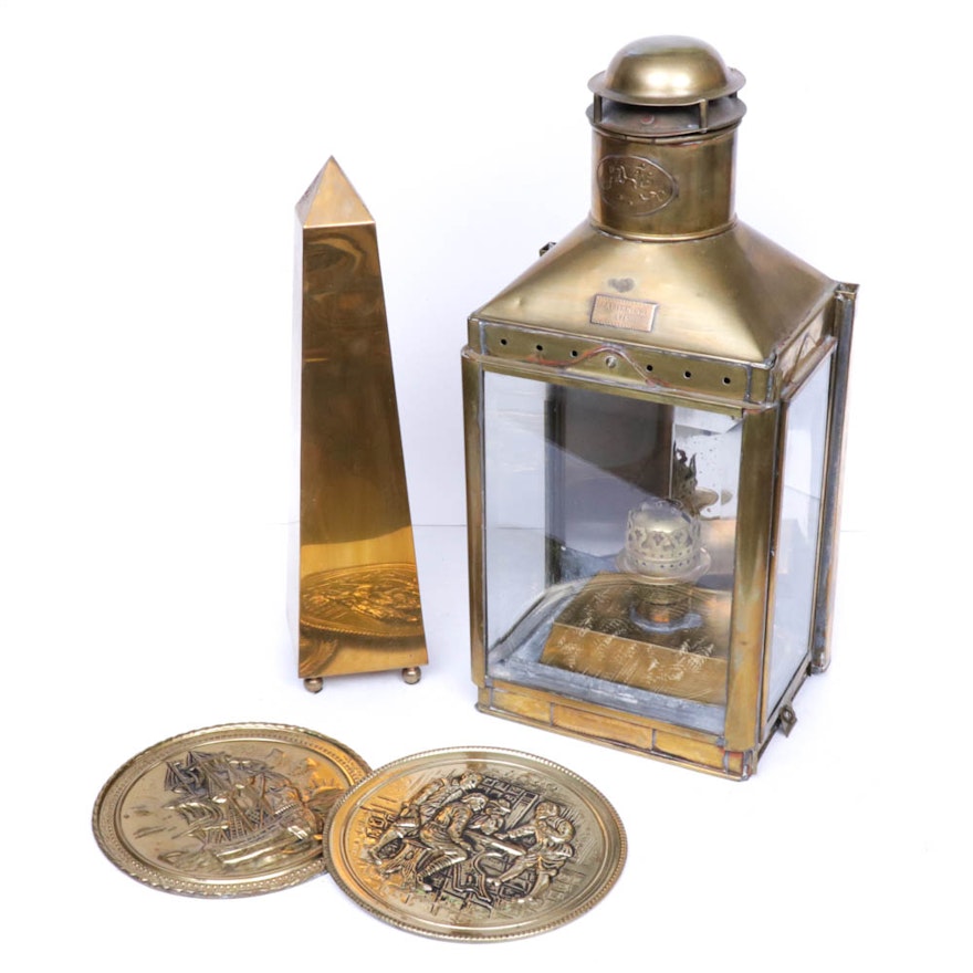 Brass Tone Lantern and Decor, Early 20th Century