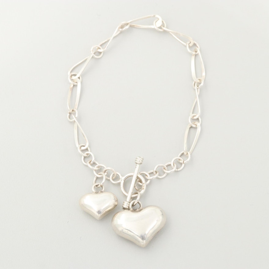 Sterling Silver Link Bracelet with Heart Charms