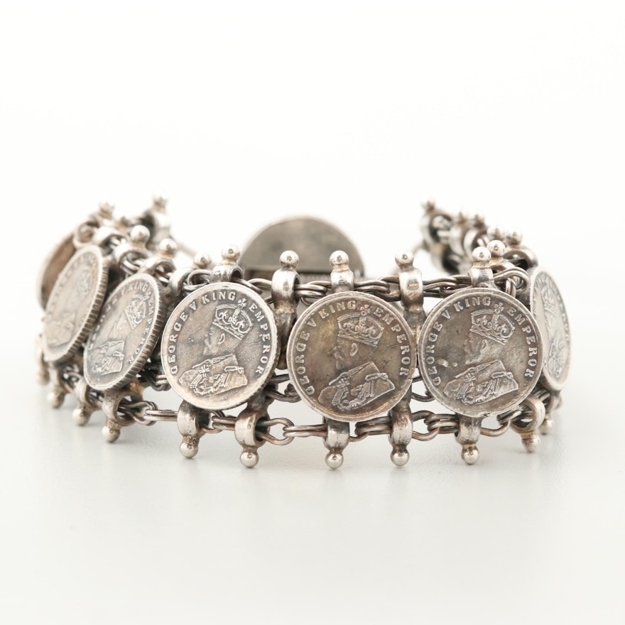 Sterling Silver Bracelet with Reproduction Silver Indian Rupee Coins