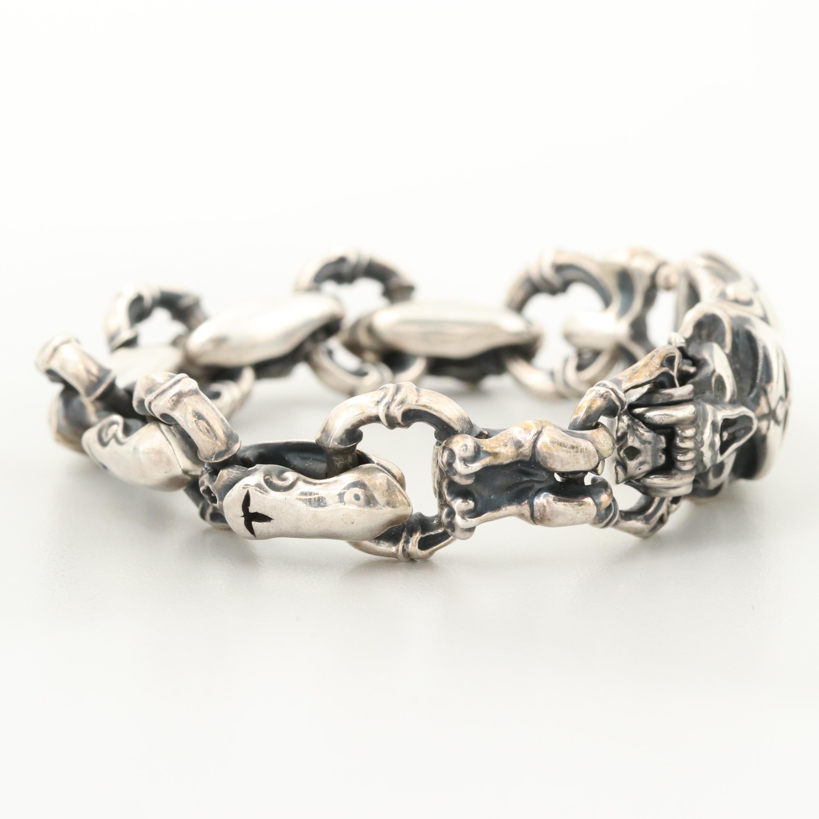 Lone Ones Sterling Silver Skull and Bone Motif Bracelet