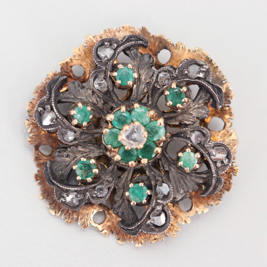 Vintage 18K Yellow Gold and Sterling Silver Diamond and Emerald Brooch
