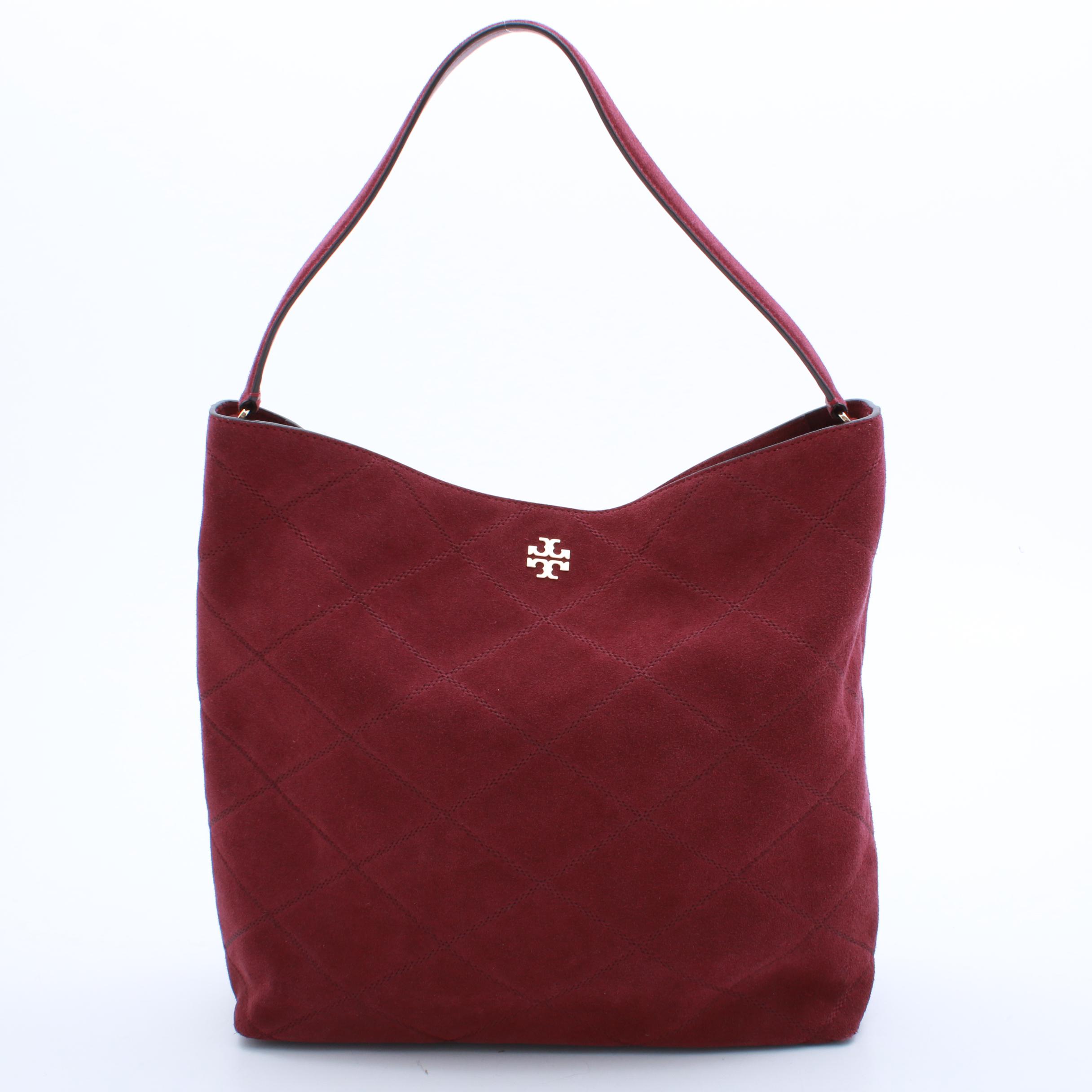 Tory Burch Burgundy Suede and Leather Hobo Bag