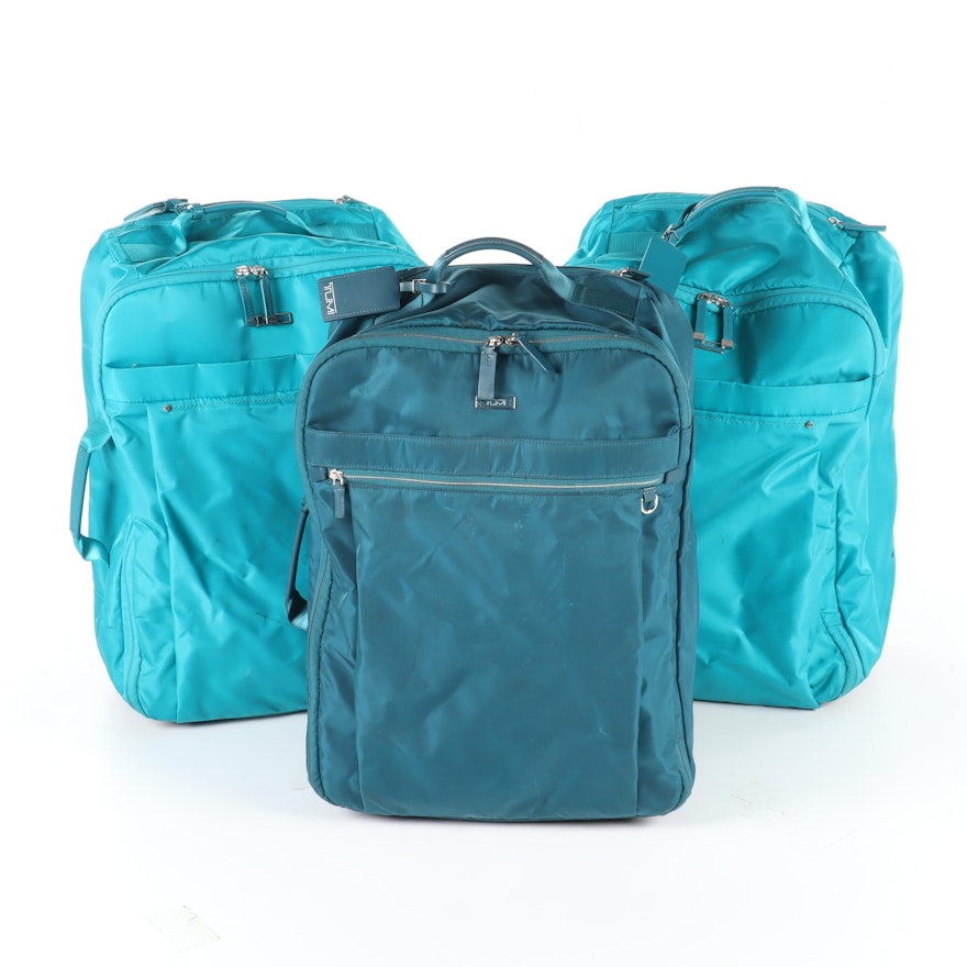 Tumi Blue Nylon Wheeled Backpack Luggage in Turquoise and Teal