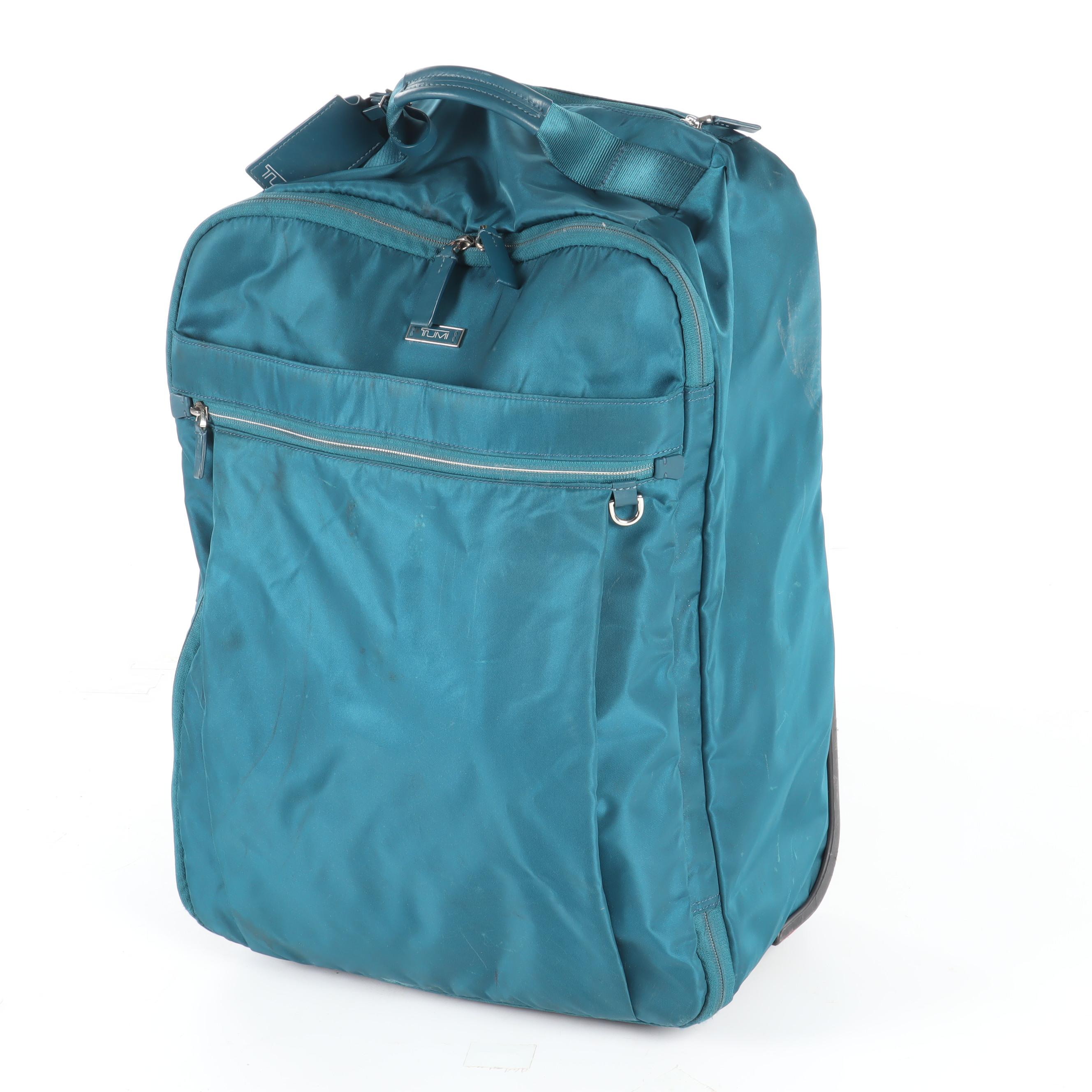 Tumi Blue Nylon Wheeled Backpack Luggage in Turquoise and Teal