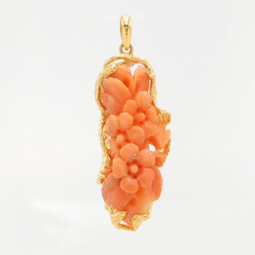 14K Yellow Gold Carved Coral Pendant