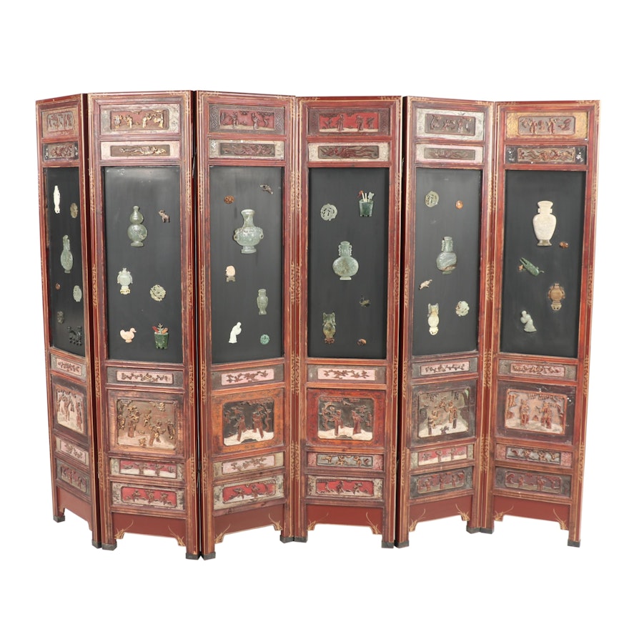 Chinese Six Panel Folding Screen with Nephrite and Stone Inlay